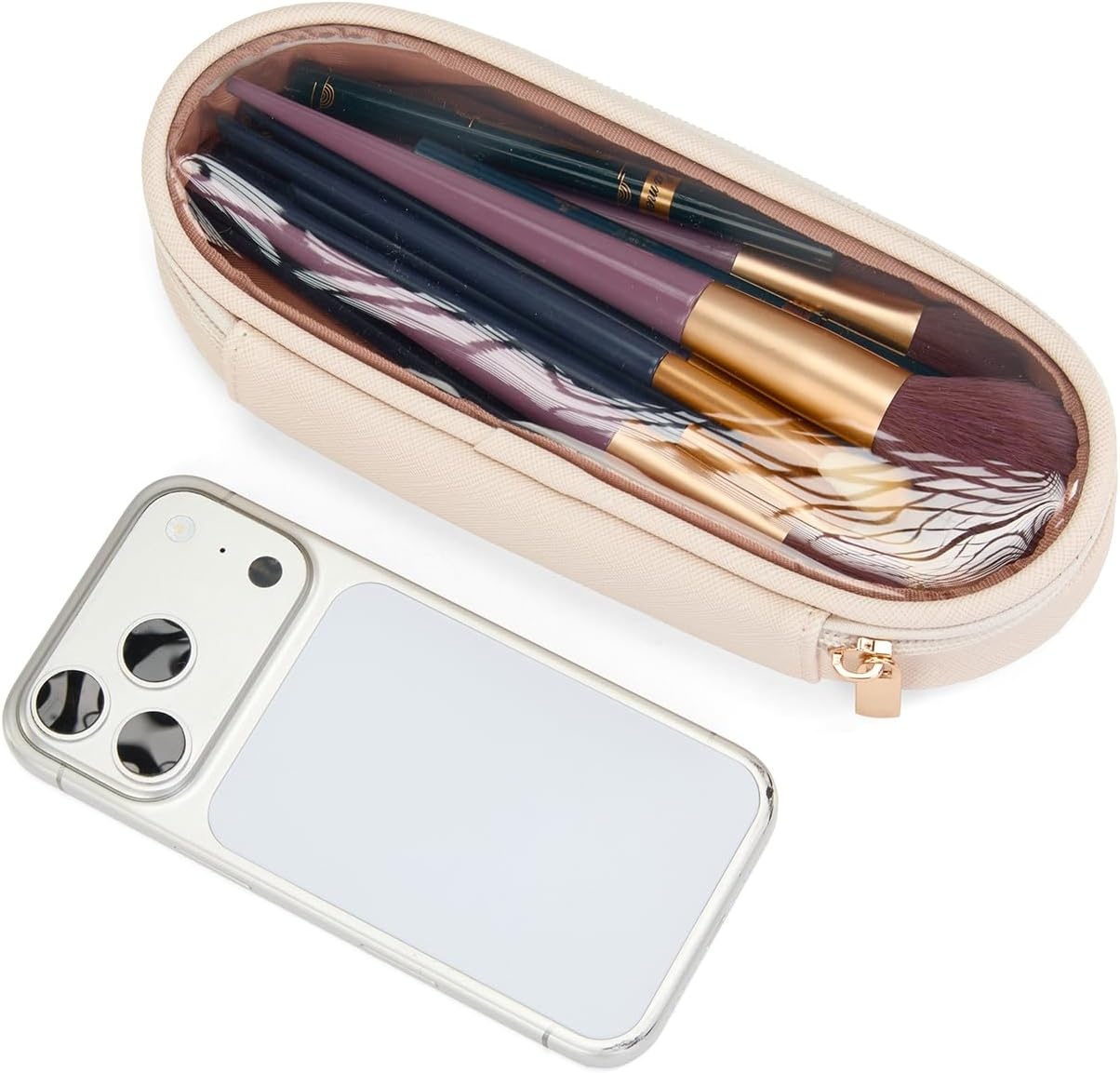 image:imageMontana West X Wrangler Travel Makeup Bag 2pcs Set Large Cosmetic Bag with Makeup Brush Holder Portable Make Up Organizer Cute Toiletry Bag with Divider and Handle for WomenSolid Beige