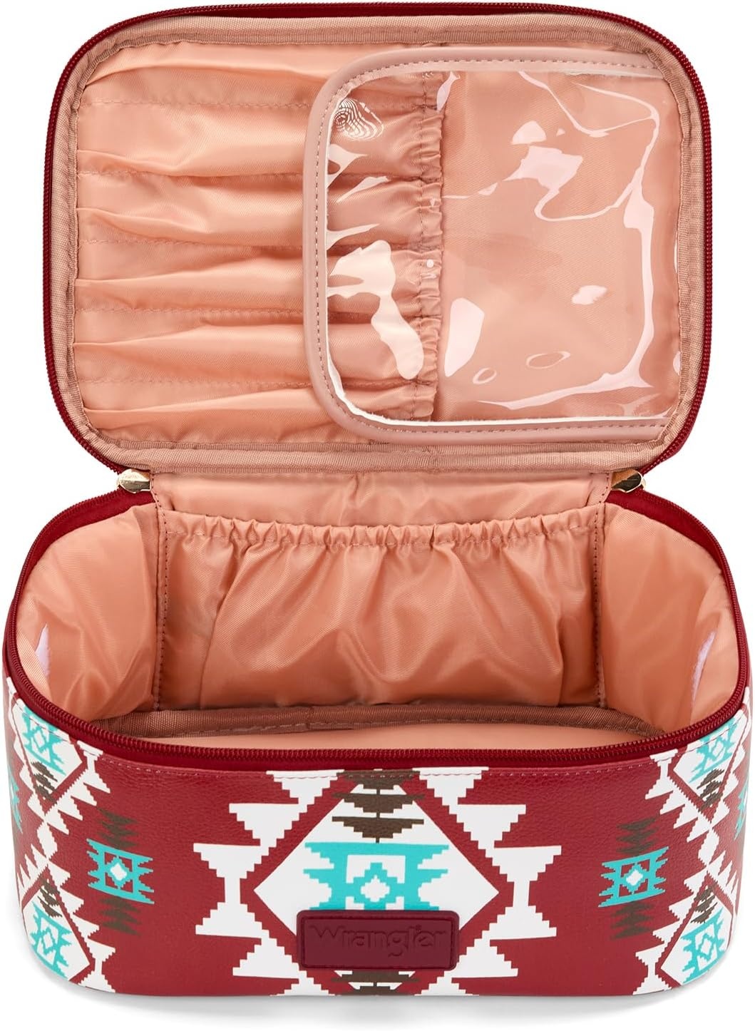 image:imageMontana West X Wrangler Travel Makeup Bag 2pcs Set Large Cosmetic Bag with Makeup Brush Holder Portable Make Up Organizer Cute Toiletry Bag with Divider and Handle for WomenAztecRed