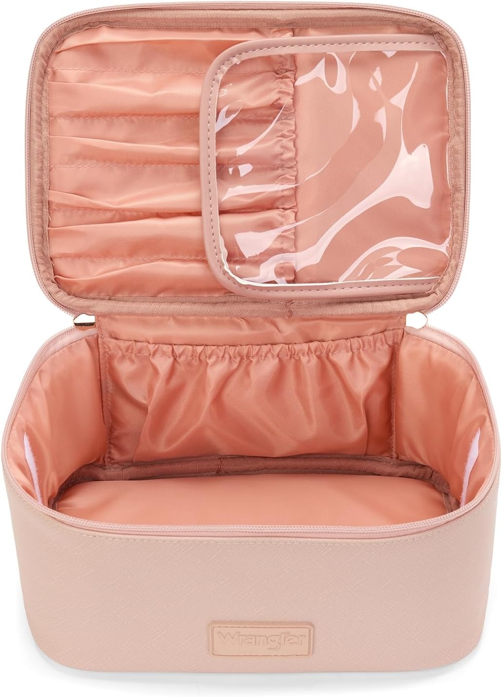 image:imageMontana West X Wrangler Travel Makeup Bag 2pcs Set Large Cosmetic Bag with Makeup Brush Holder Portable Make Up Organizer Cute Toiletry Bag with Divider and Handle for WomenLight Pink