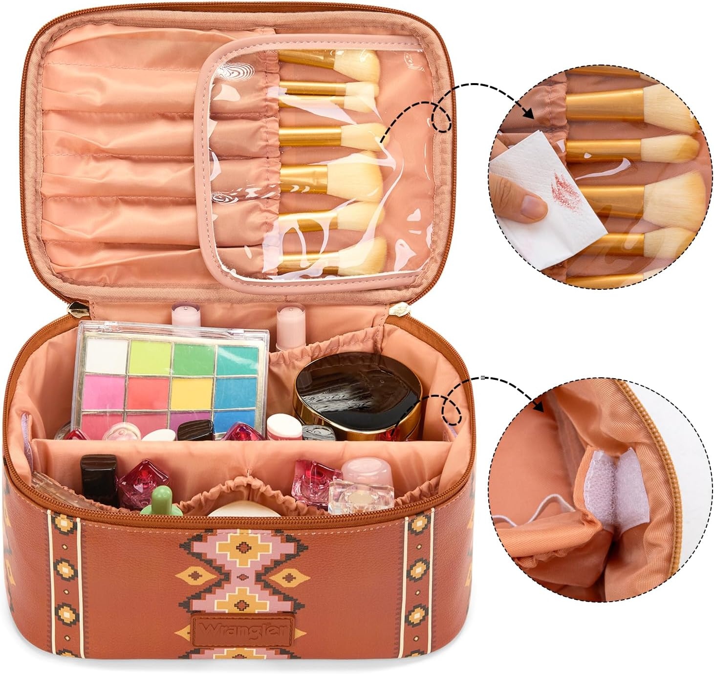 image:imageMontana West X Wrangler Travel Makeup Bag 2pcs Set Large Cosmetic Bag with Makeup Brush Holder Portable Make Up Organizer Cute Toiletry Bag with Divider and Handle for WomenAztecBrown