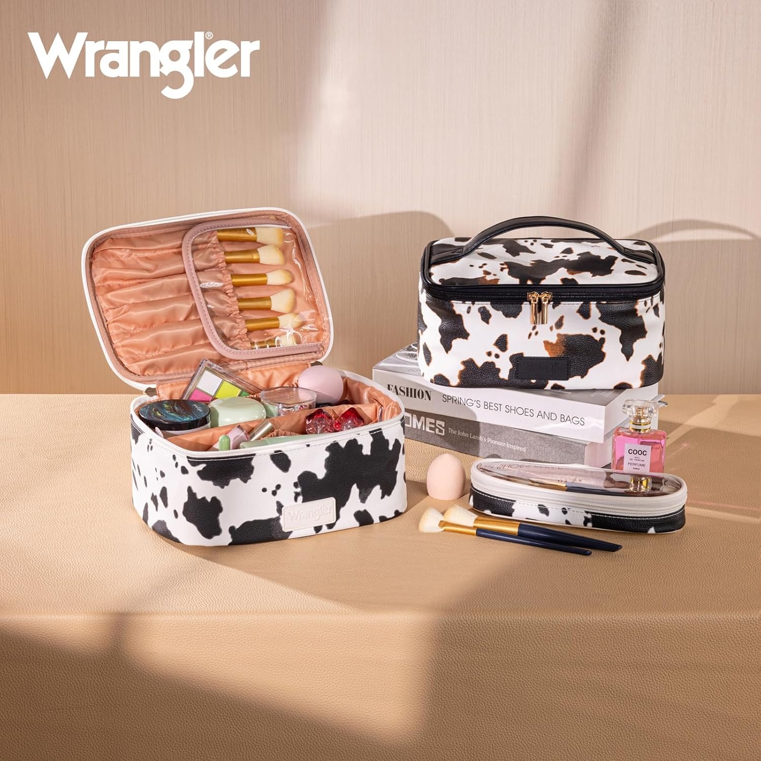 image:imageMontana West X Wrangler Travel Makeup Bag 2pcs Set Large Cosmetic Bag with Makeup Brush Holder Portable Make Up Organizer Cute Toiletry Bag with Divider and Handle for WomenCowBlack