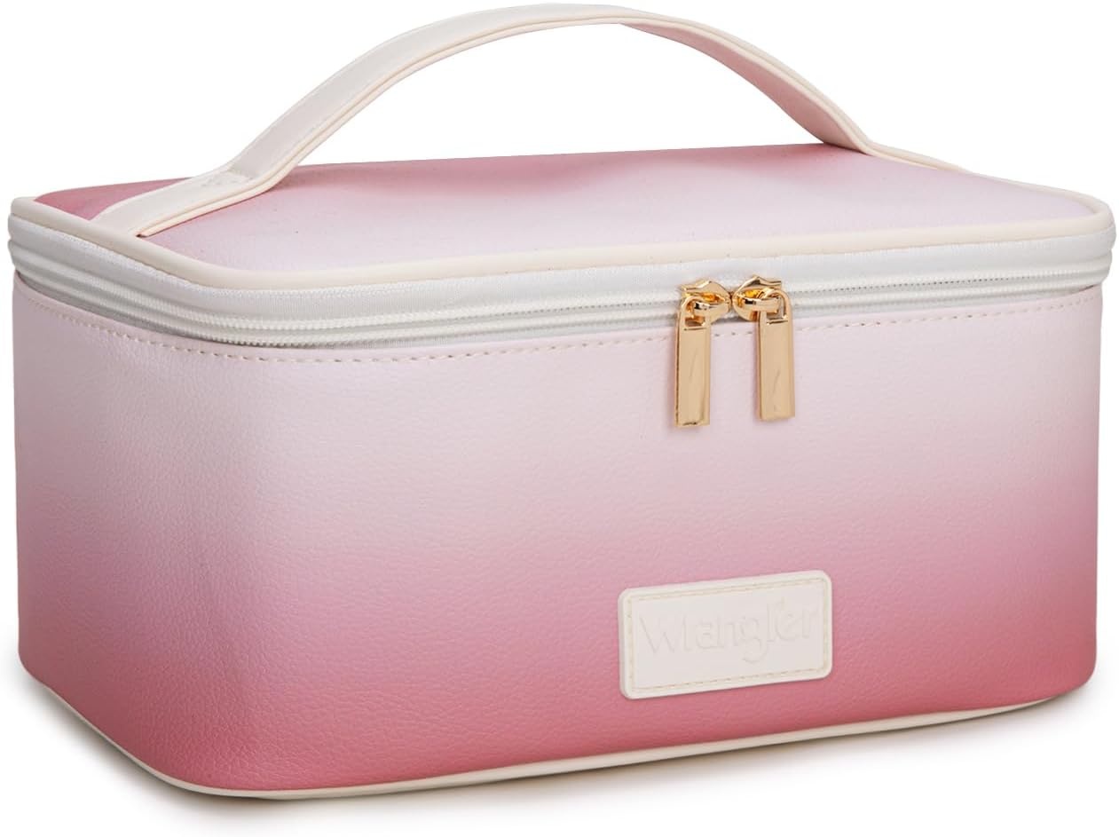 image:imageMontana West X Wrangler Travel Makeup Bag 2pcs Set Large Cosmetic Bag with Makeup Brush Holder Portable Make Up Organizer Cute Toiletry Bag with Divider and Handle for WomenKhakiTan