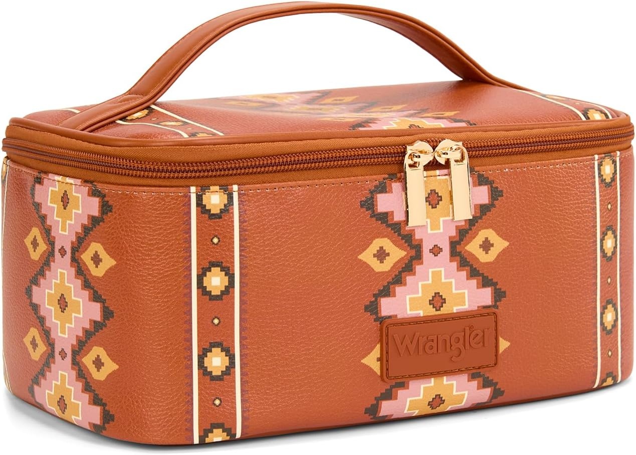 image:imageMontana West X Wrangler Travel Makeup Bag 2pcs Set Large Cosmetic Bag with Makeup Brush Holder Portable Make Up Organizer Cute Toiletry Bag with Divider and Handle for WomenAztecBrown