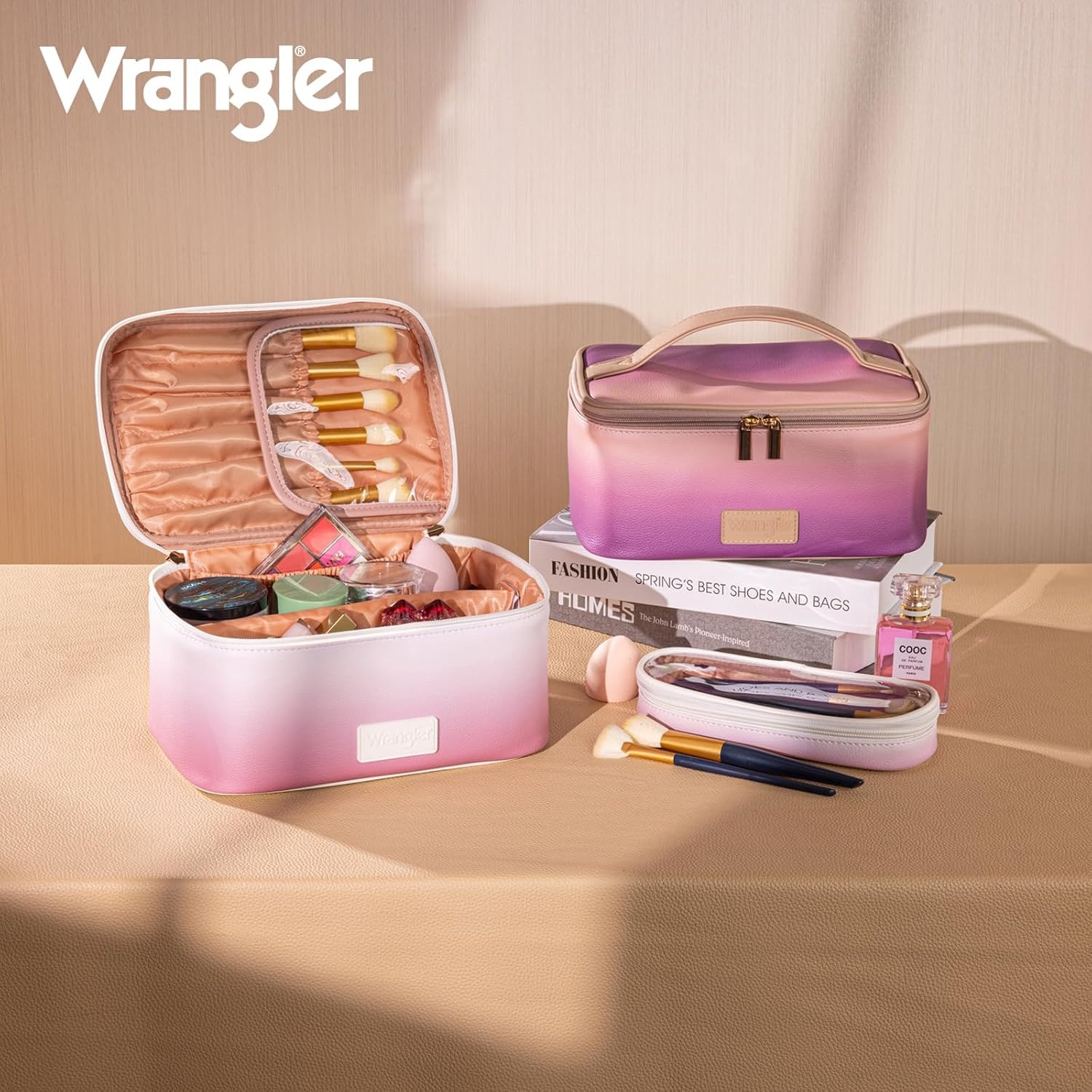 image:imageMontana West X Wrangler Travel Makeup Bag 2pcs Set Large Cosmetic Bag with Makeup Brush Holder Portable Make Up Organizer Cute Toiletry Bag with Divider and Handle for WomenKhakiTan