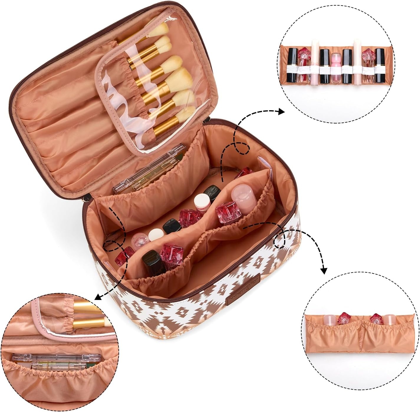 image:imageMontana West X Wrangler Travel Makeup Bag 2pcs Set Large Cosmetic Bag with Makeup Brush Holder Portable Make Up Organizer Cute Toiletry Bag with Divider and Handle for WomenAztecCoffee