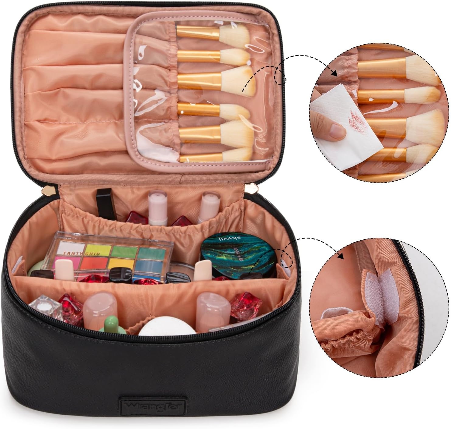 image:imageMontana West X Wrangler Travel Makeup Bag 2pcs Set Large Cosmetic Bag with Makeup Brush Holder Portable Make Up Organizer Cute Toiletry Bag with Divider and Handle for WomenBlack