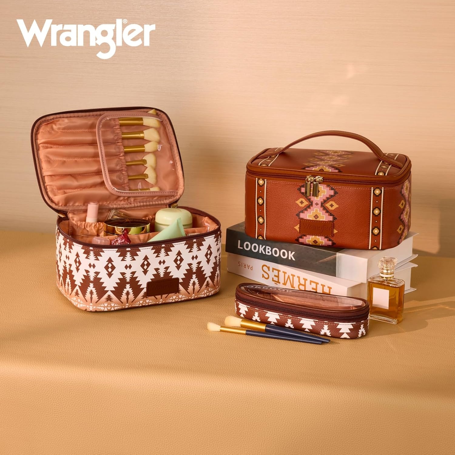 image:imageMontana West X Wrangler Travel Makeup Bag 2pcs Set Large Cosmetic Bag with Makeup Brush Holder Portable Make Up Organizer Cute Toiletry Bag with Divider and Handle for WomenAztecCoffee