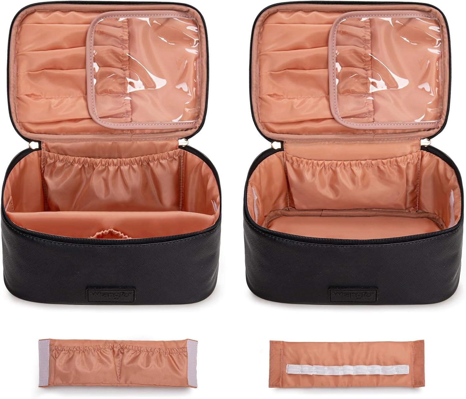 image:imageMontana West X Wrangler Travel Makeup Bag 2pcs Set Large Cosmetic Bag with Makeup Brush Holder Portable Make Up Organizer Cute Toiletry Bag with Divider and Handle for WomenBlack