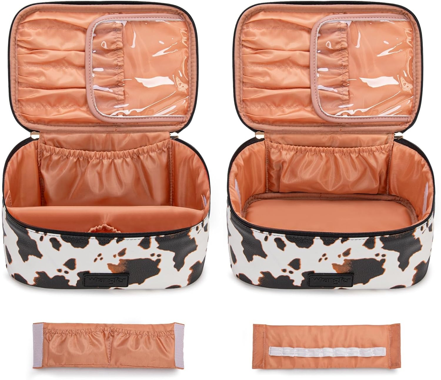 image:imageMontana West X Wrangler Travel Makeup Bag 2pcs Set Large Cosmetic Bag with Makeup Brush Holder Portable Make Up Organizer Cute Toiletry Bag with Divider and Handle for WomenCowBrown