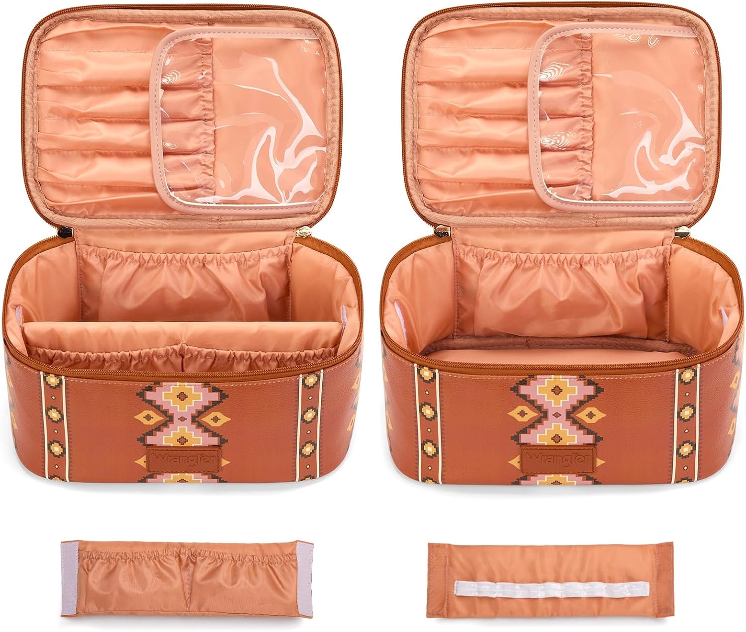 image:imageMontana West X Wrangler Travel Makeup Bag 2pcs Set Large Cosmetic Bag with Makeup Brush Holder Portable Make Up Organizer Cute Toiletry Bag with Divider and Handle for WomenAztecBrown