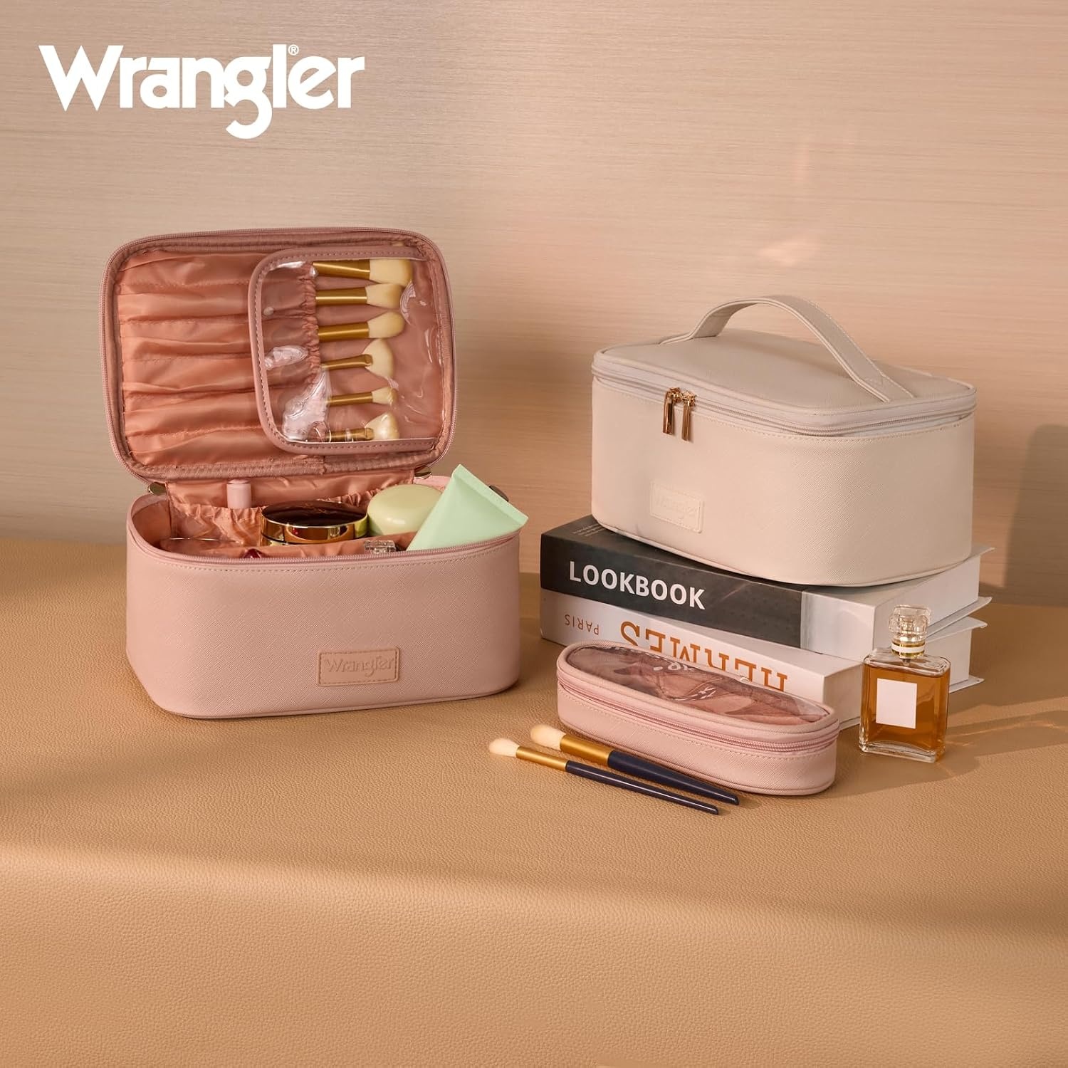 image:imageMontana West X Wrangler Travel Makeup Bag 2pcs Set Large Cosmetic Bag with Makeup Brush Holder Portable Make Up Organizer Cute Toiletry Bag with Divider and Handle for WomenLight Pink