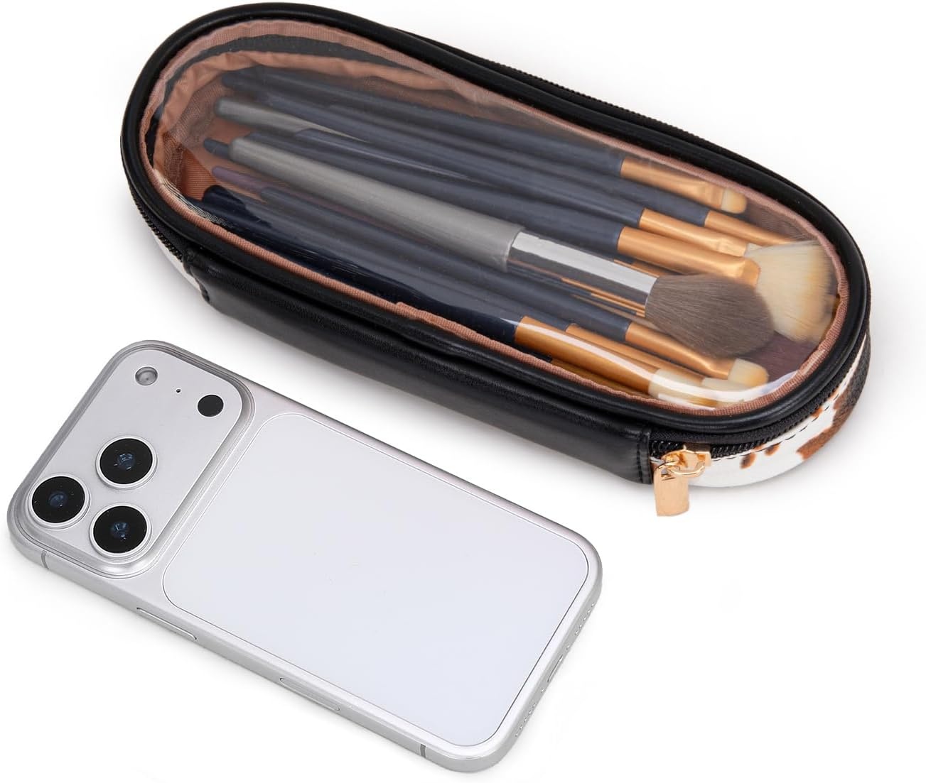 image:imageMontana West X Wrangler Travel Makeup Bag 2pcs Set Large Cosmetic Bag with Makeup Brush Holder Portable Make Up Organizer Cute Toiletry Bag with Divider and Handle for WomenCowBrown