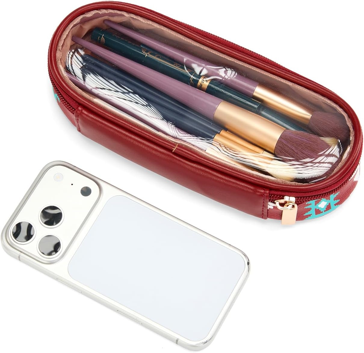 image:imageMontana West X Wrangler Travel Makeup Bag 2pcs Set Large Cosmetic Bag with Makeup Brush Holder Portable Make Up Organizer Cute Toiletry Bag with Divider and Handle for WomenAztecRed