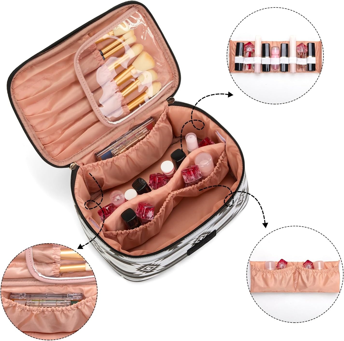 image:imageMontana West X Wrangler Travel Makeup Bag 2pcs Set Large Cosmetic Bag with Makeup Brush Holder Portable Make Up Organizer Cute Toiletry Bag with Divider and Handle for WomenAztecBlack