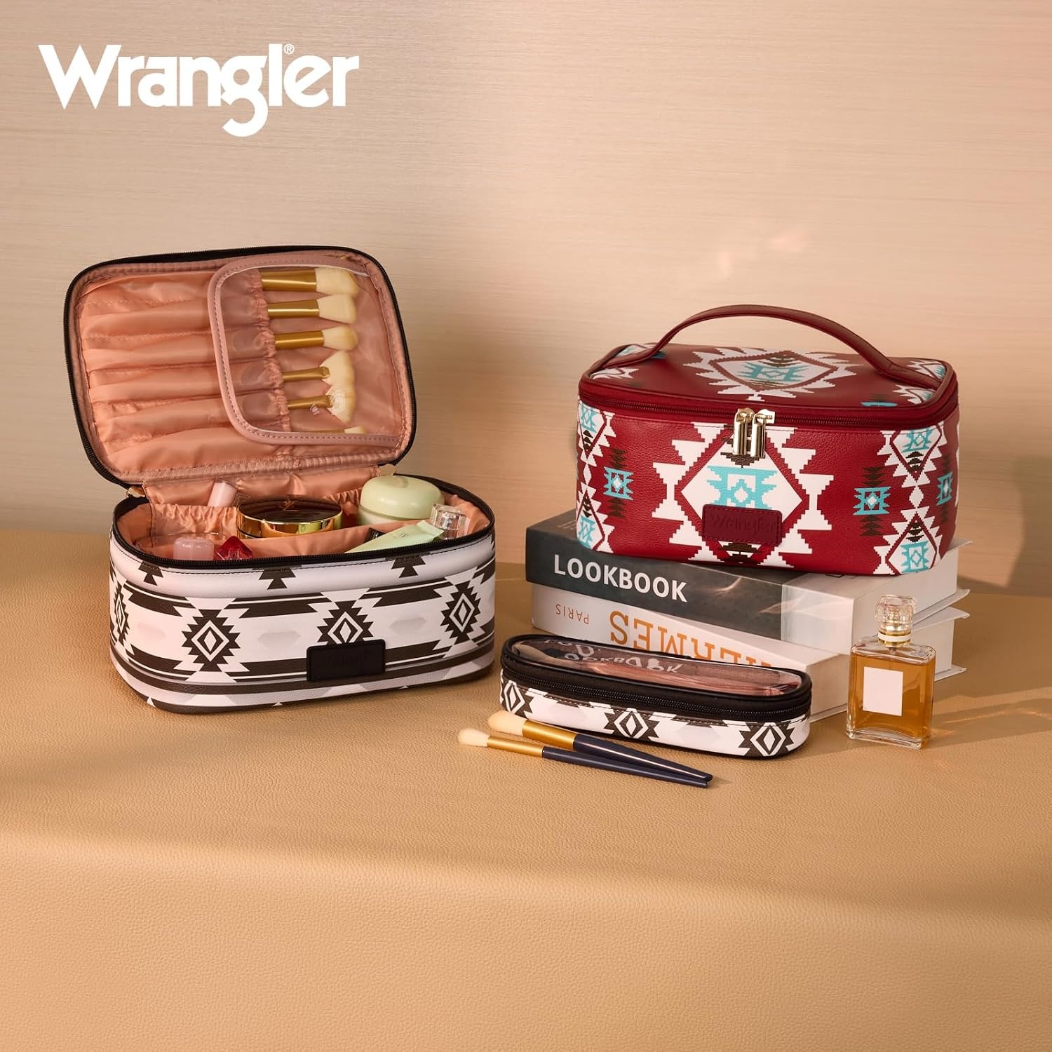 image:imageMontana West X Wrangler Travel Makeup Bag 2pcs Set Large Cosmetic Bag with Makeup Brush Holder Portable Make Up Organizer Cute Toiletry Bag with Divider and Handle for WomenAztecBlack