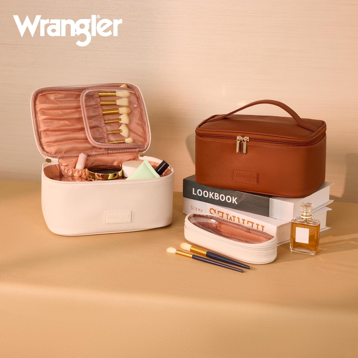 image:imageMontana West X Wrangler Travel Makeup Bag 2pcs Set Large Cosmetic Bag with Makeup Brush Holder Portable Make Up Organizer Cute Toiletry Bag with Divider and Handle for WomenSolid Beige