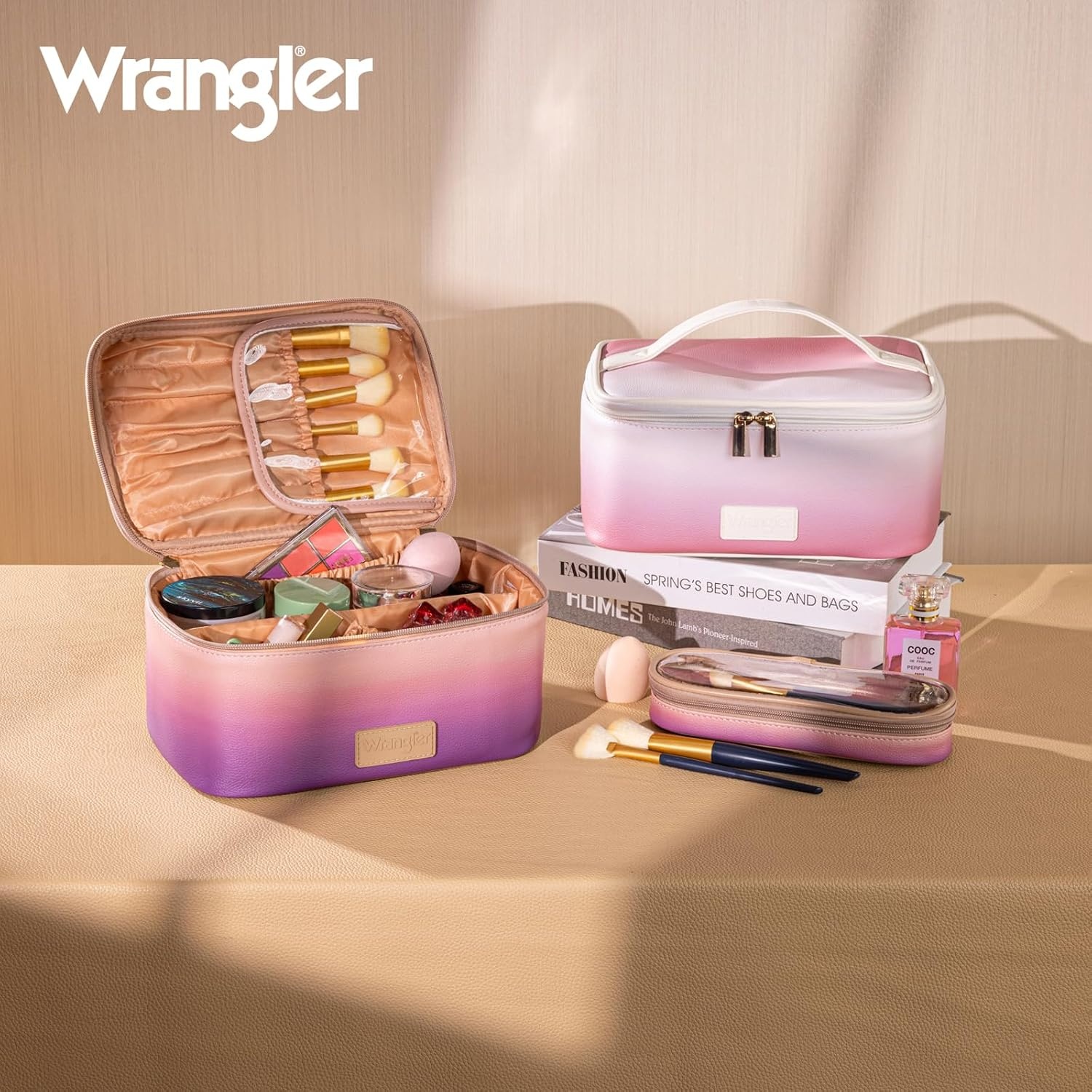 image:imageMontana West X Wrangler Travel Makeup Bag 2pcs Set Large Cosmetic Bag with Makeup Brush Holder Portable Make Up Organizer Cute Toiletry Bag with Divider and Handle for WomenPurple