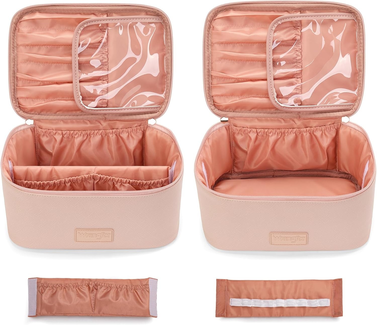 image:imageMontana West X Wrangler Travel Makeup Bag 2pcs Set Large Cosmetic Bag with Makeup Brush Holder Portable Make Up Organizer Cute Toiletry Bag with Divider and Handle for WomenLight Pink