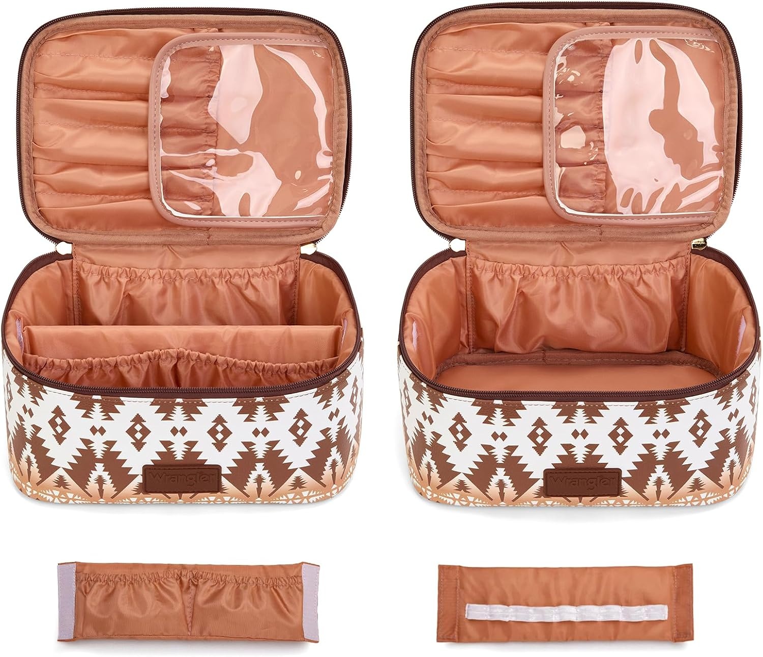 image:imageMontana West X Wrangler Travel Makeup Bag 2pcs Set Large Cosmetic Bag with Makeup Brush Holder Portable Make Up Organizer Cute Toiletry Bag with Divider and Handle for WomenAztecCoffee