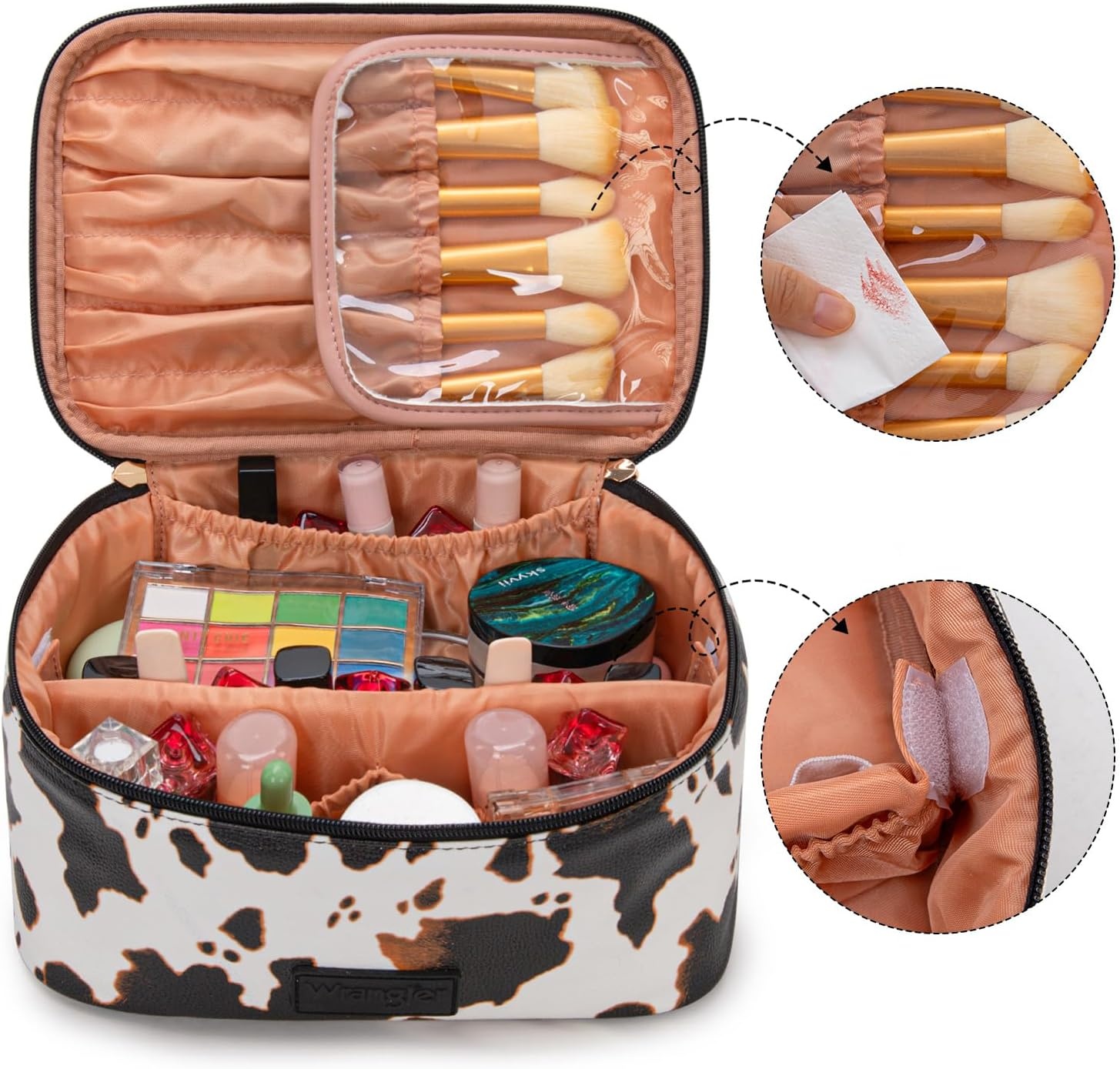 image:imageMontana West X Wrangler Travel Makeup Bag 2pcs Set Large Cosmetic Bag with Makeup Brush Holder Portable Make Up Organizer Cute Toiletry Bag with Divider and Handle for WomenCowBrown
