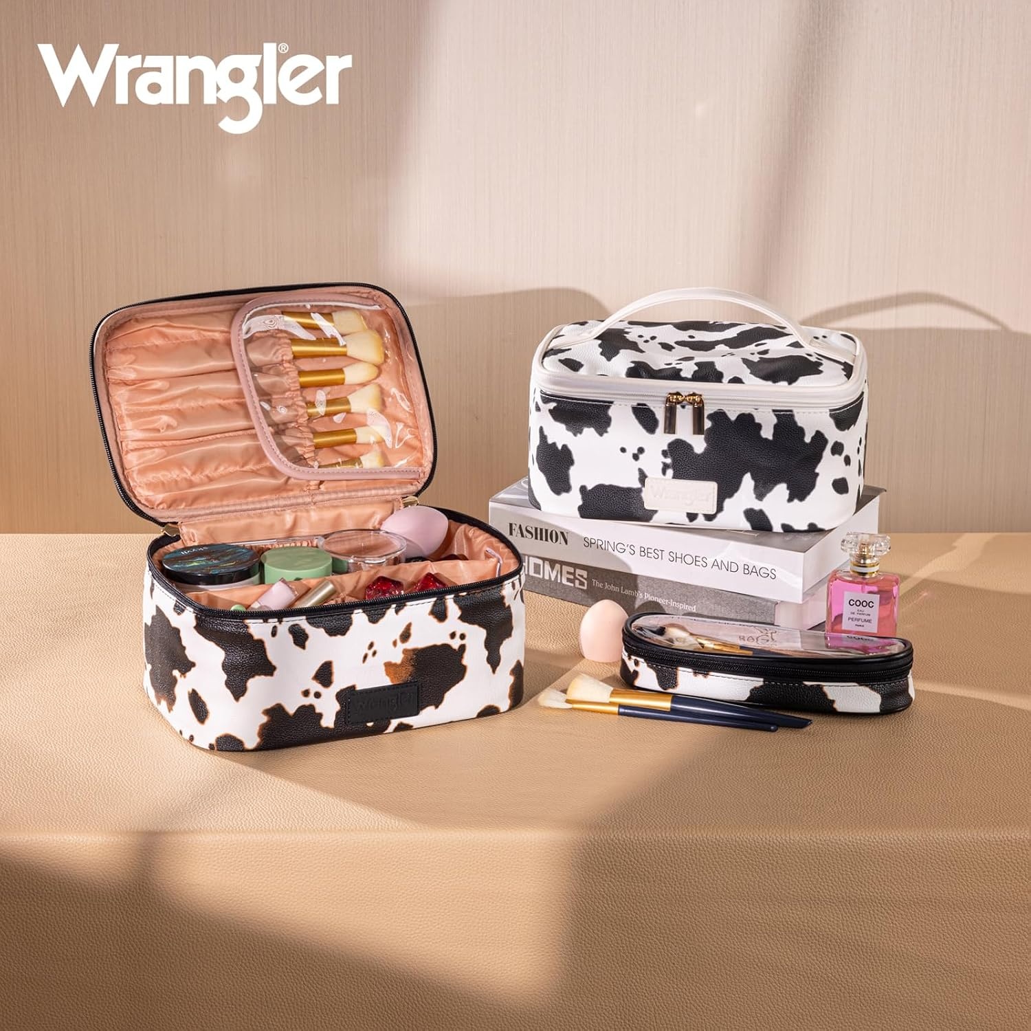 image:imageMontana West X Wrangler Travel Makeup Bag 2pcs Set Large Cosmetic Bag with Makeup Brush Holder Portable Make Up Organizer Cute Toiletry Bag with Divider and Handle for WomenCowBrown