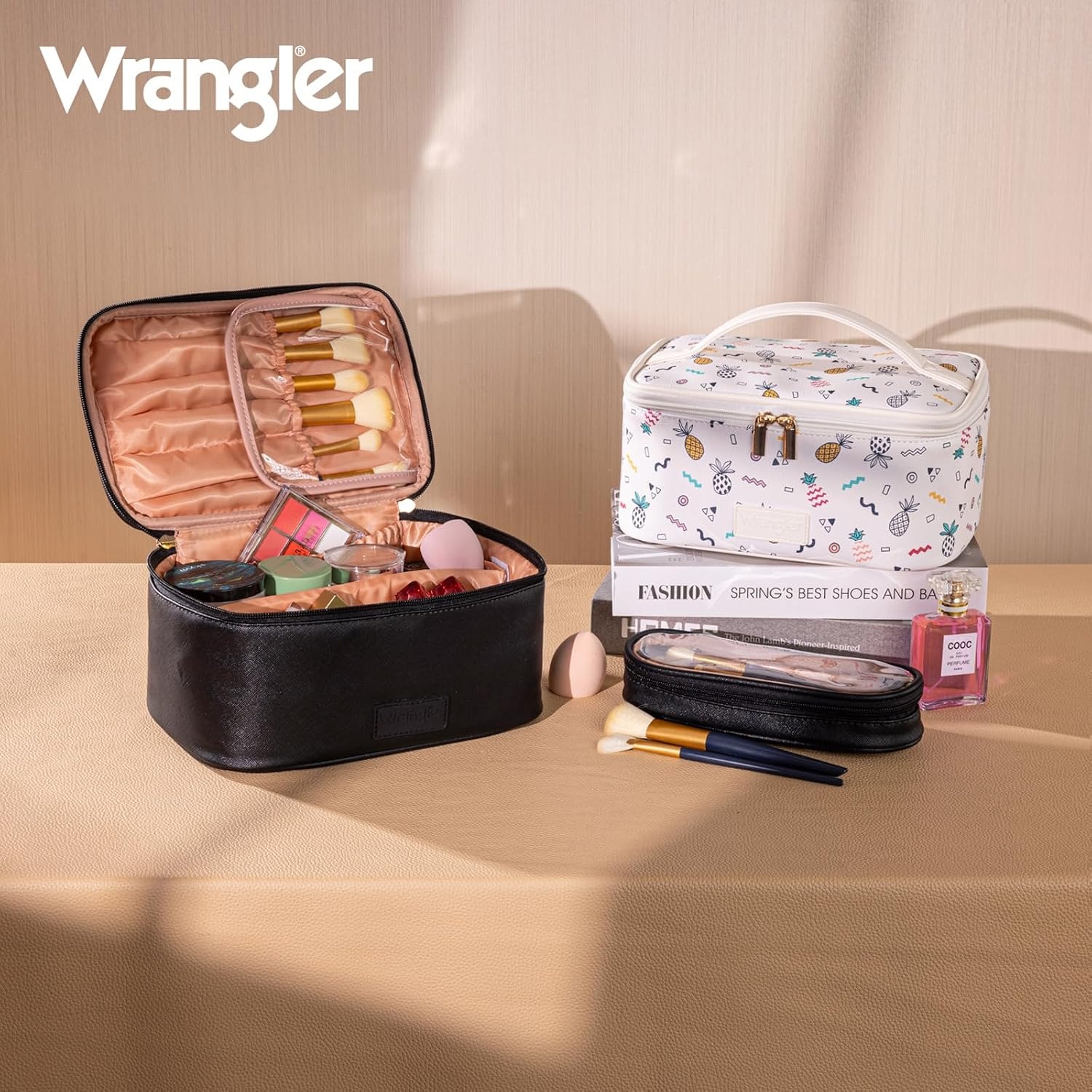 image:imageMontana West X Wrangler Travel Makeup Bag 2pcs Set Large Cosmetic Bag with Makeup Brush Holder Portable Make Up Organizer Cute Toiletry Bag with Divider and Handle for WomenBlack
