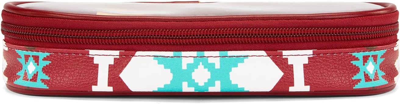 image:imageMontana West X Wrangler Travel Makeup Bag 2pcs Set Large Cosmetic Bag with Makeup Brush Holder Portable Make Up Organizer Cute Toiletry Bag with Divider and Handle for WomenAztecRed