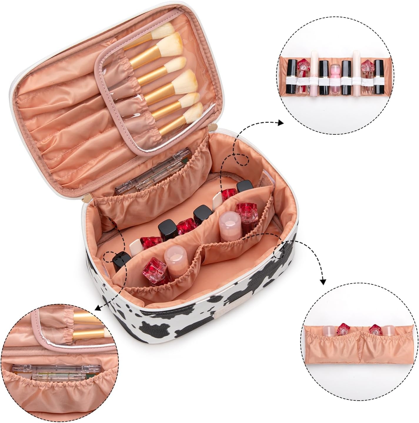 image:imageMontana West X Wrangler Travel Makeup Bag 2pcs Set Large Cosmetic Bag with Makeup Brush Holder Portable Make Up Organizer Cute Toiletry Bag with Divider and Handle for WomenCowBlack