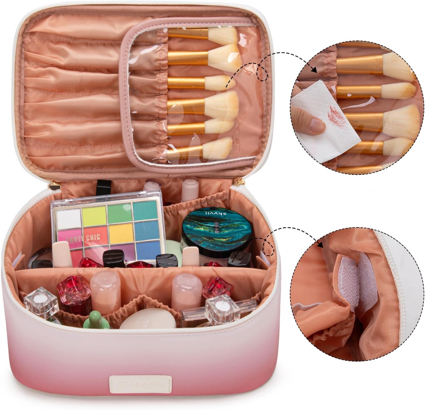 image:imageMontana West X Wrangler Travel Makeup Bag 2pcs Set Large Cosmetic Bag with Makeup Brush Holder Portable Make Up Organizer Cute Toiletry Bag with Divider and Handle for WomenKhakiTan