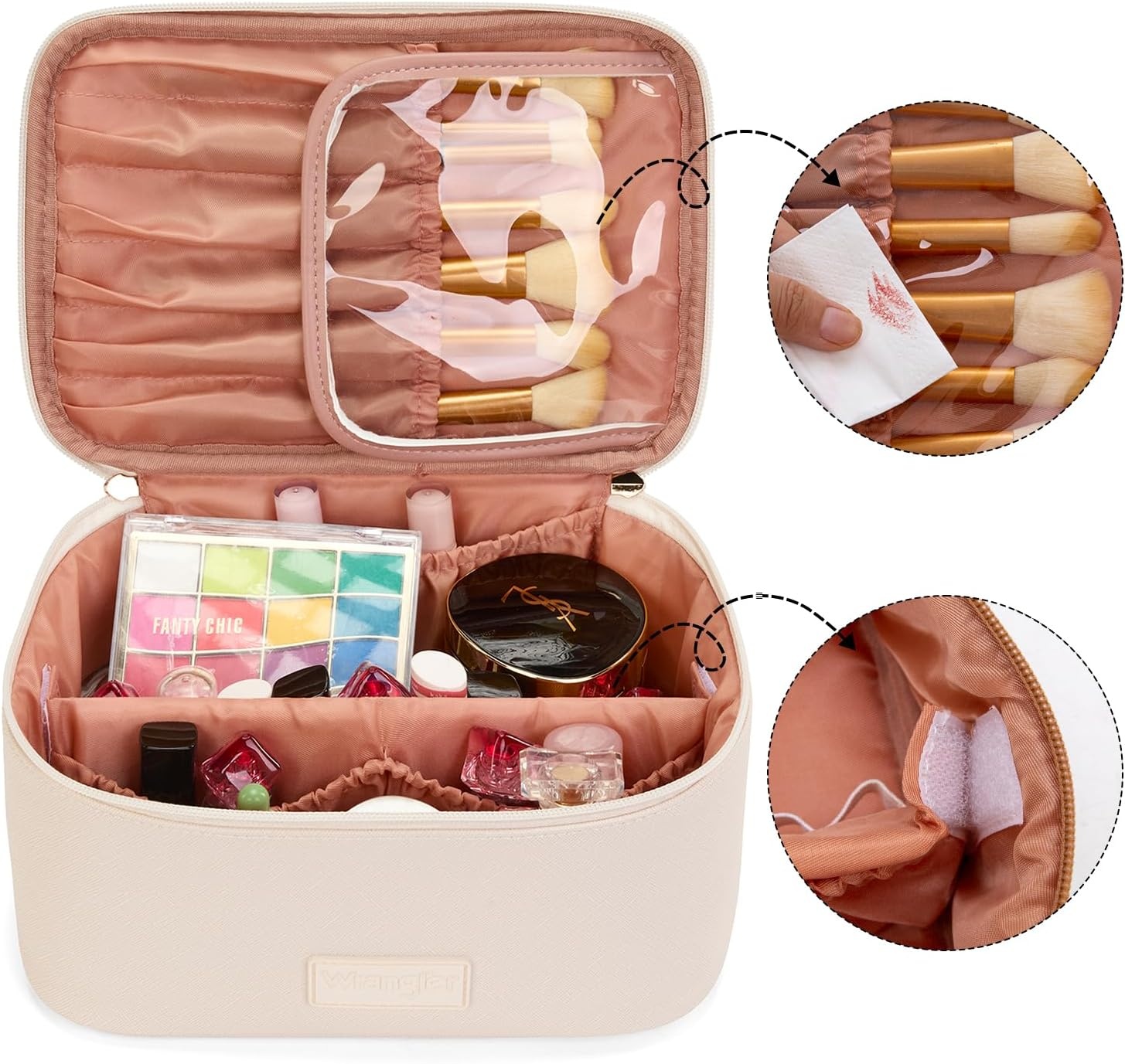image:imageMontana West X Wrangler Travel Makeup Bag 2pcs Set Large Cosmetic Bag with Makeup Brush Holder Portable Make Up Organizer Cute Toiletry Bag with Divider and Handle for WomenSolid Beige