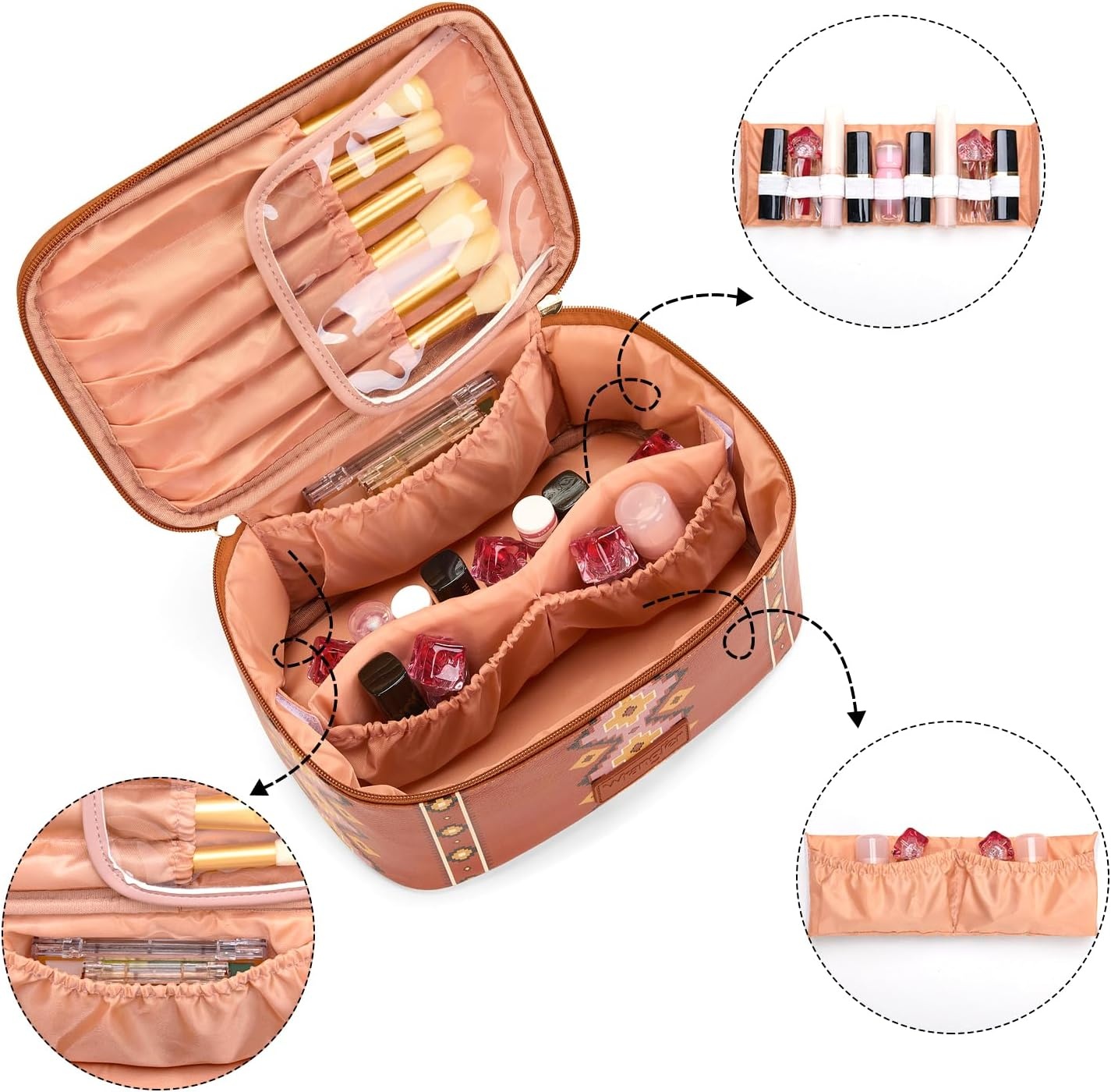 image:imageMontana West X Wrangler Travel Makeup Bag 2pcs Set Large Cosmetic Bag with Makeup Brush Holder Portable Make Up Organizer Cute Toiletry Bag with Divider and Handle for WomenAztecBrown