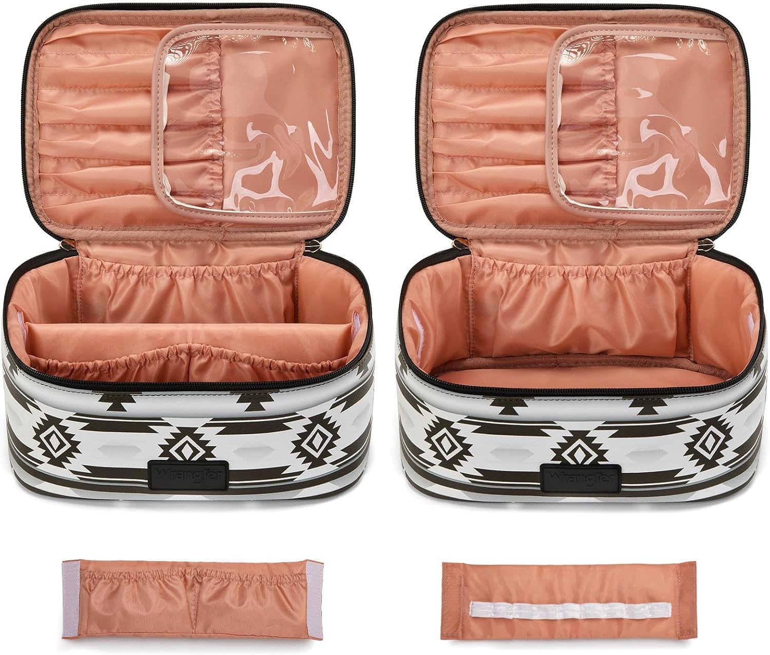 image:imageMontana West X Wrangler Travel Makeup Bag 2pcs Set Large Cosmetic Bag with Makeup Brush Holder Portable Make Up Organizer Cute Toiletry Bag with Divider and Handle for WomenAztecBlack