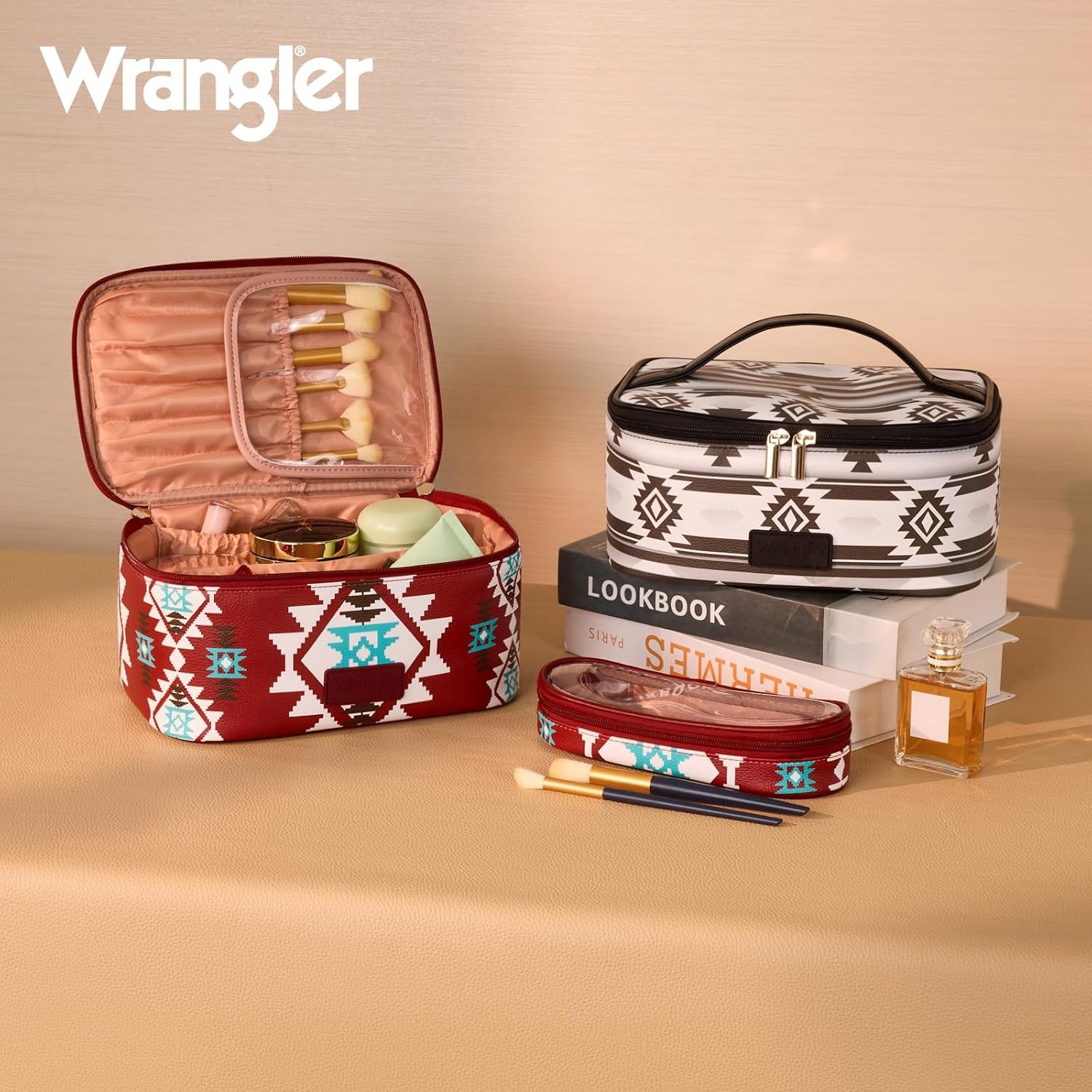 image:imageMontana West X Wrangler Travel Makeup Bag 2pcs Set Large Cosmetic Bag with Makeup Brush Holder Portable Make Up Organizer Cute Toiletry Bag with Divider and Handle for WomenAztecRed