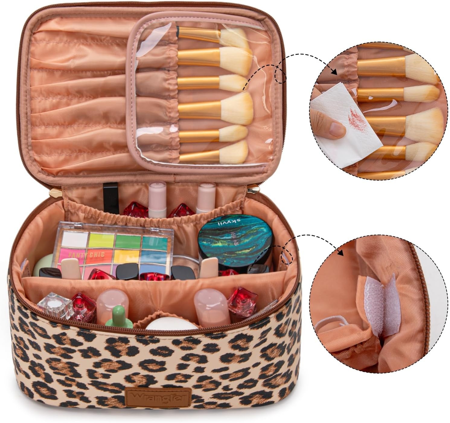 image:imageMontana West X Wrangler Travel Makeup Bag 2pcs Set Large Cosmetic Bag with Makeup Brush Holder Portable Make Up Organizer Cute Toiletry Bag with Divider and Handle for WomenLeopard