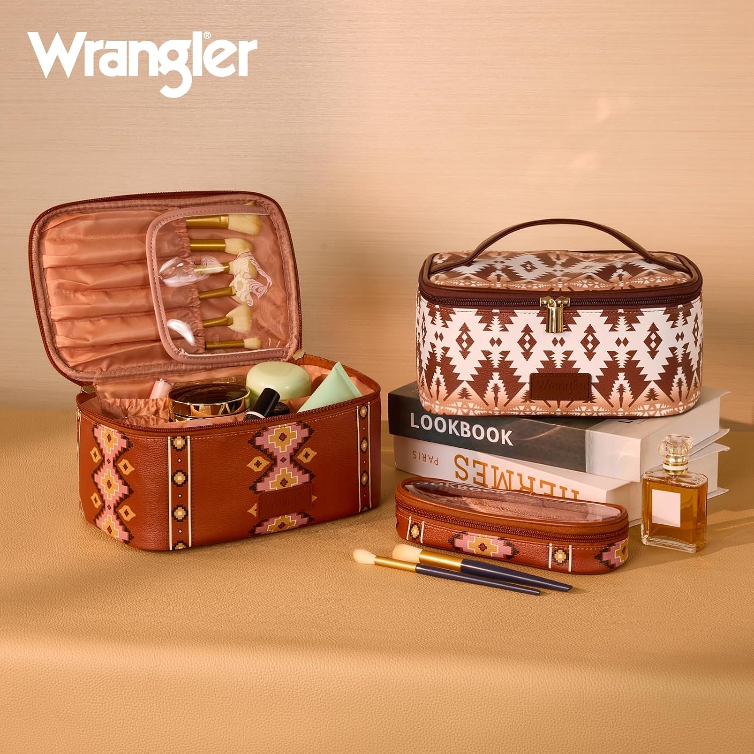 image:imageMontana West X Wrangler Travel Makeup Bag 2pcs Set Large Cosmetic Bag with Makeup Brush Holder Portable Make Up Organizer Cute Toiletry Bag with Divider and Handle for WomenAztecBrown