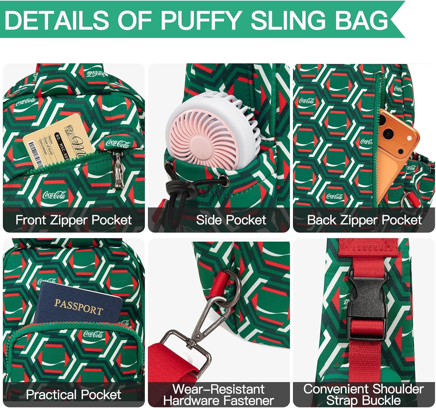 image:imageSling Backpack Crossbody Bag with CocaCola Logo Sling Bag Travel Casual Daypack UnisexGreen