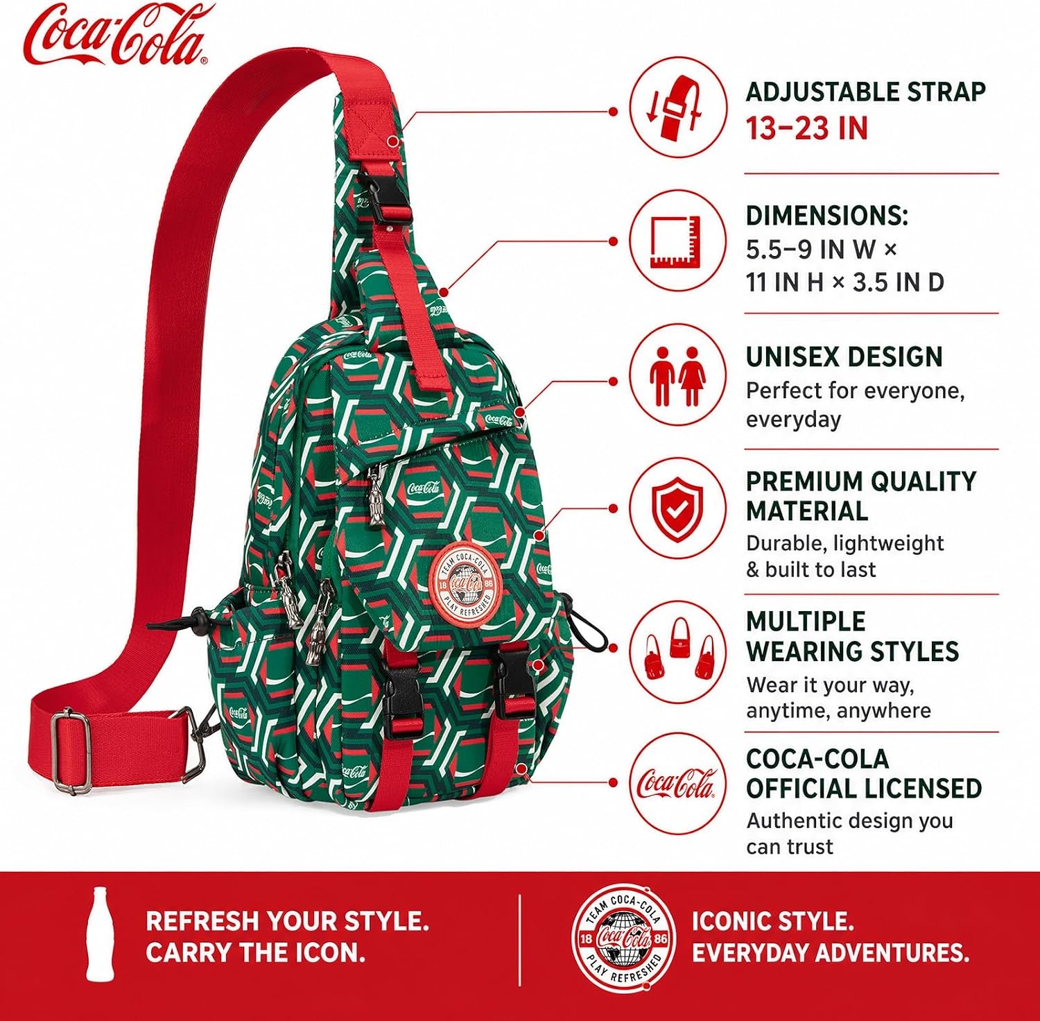 image:imageSling Backpack Crossbody Bag with CocaCola Logo Sling Bag Travel Casual Daypack UnisexGreen