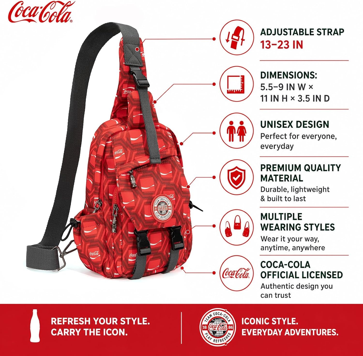 image:imageSling Backpack Crossbody Bag with CocaCola Logo Sling Bag Travel Casual Daypack UnisexRed