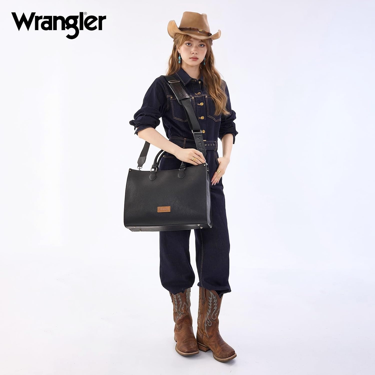 image:imageWrangler Laptop Tote Bag for Women 156 Inch Large Leather Work Bag with Cup Holder Vintage Computer Bags Briefcase HandbagBlack