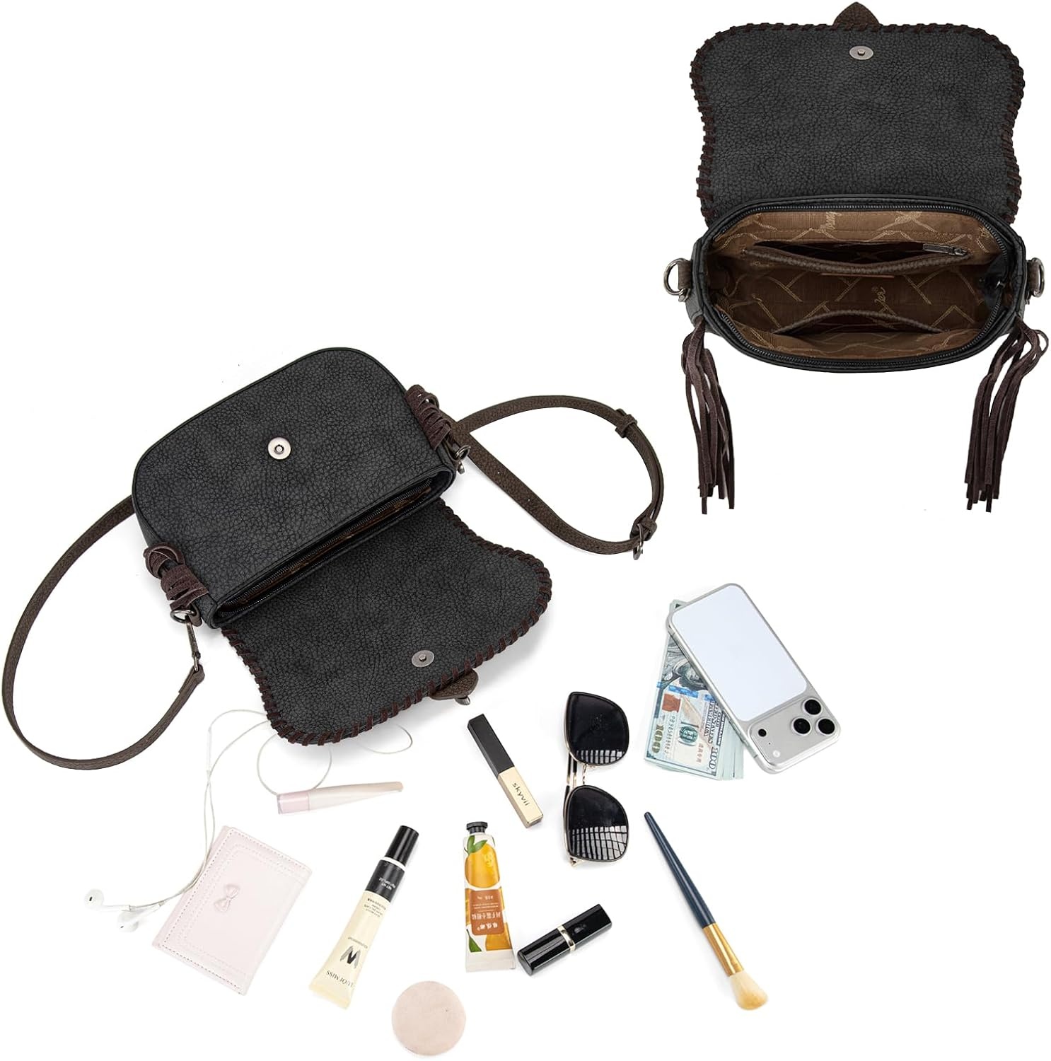 image:imageWrangler Western Shoulder Bag for Women Flap Crossbody Purse with Whipstitch Detail amp FringeVintage Cowgirl HandbagAblack