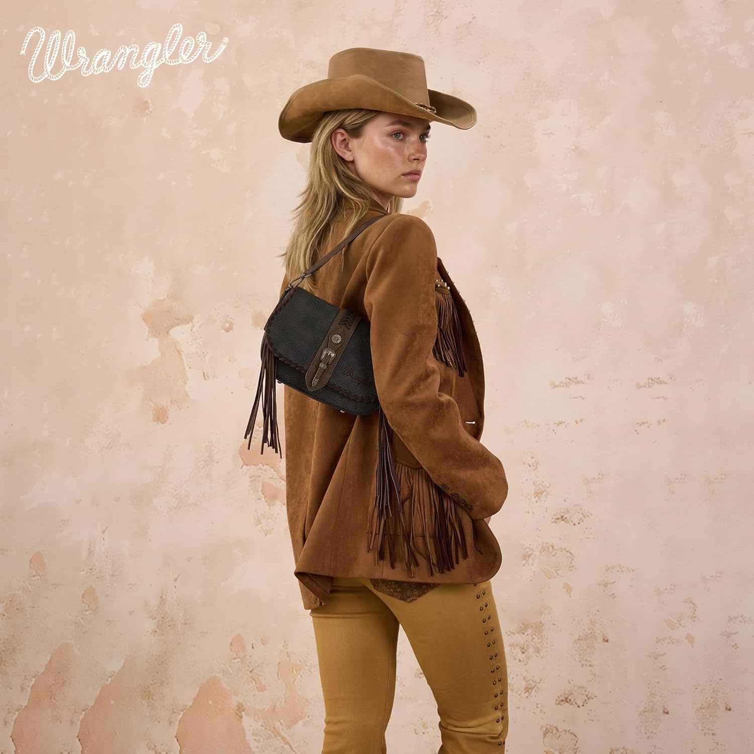 image:imageWrangler Western Shoulder Bag for Women Flap Crossbody Purse with Whipstitch Detail amp FringeVintage Cowgirl HandbagAblack