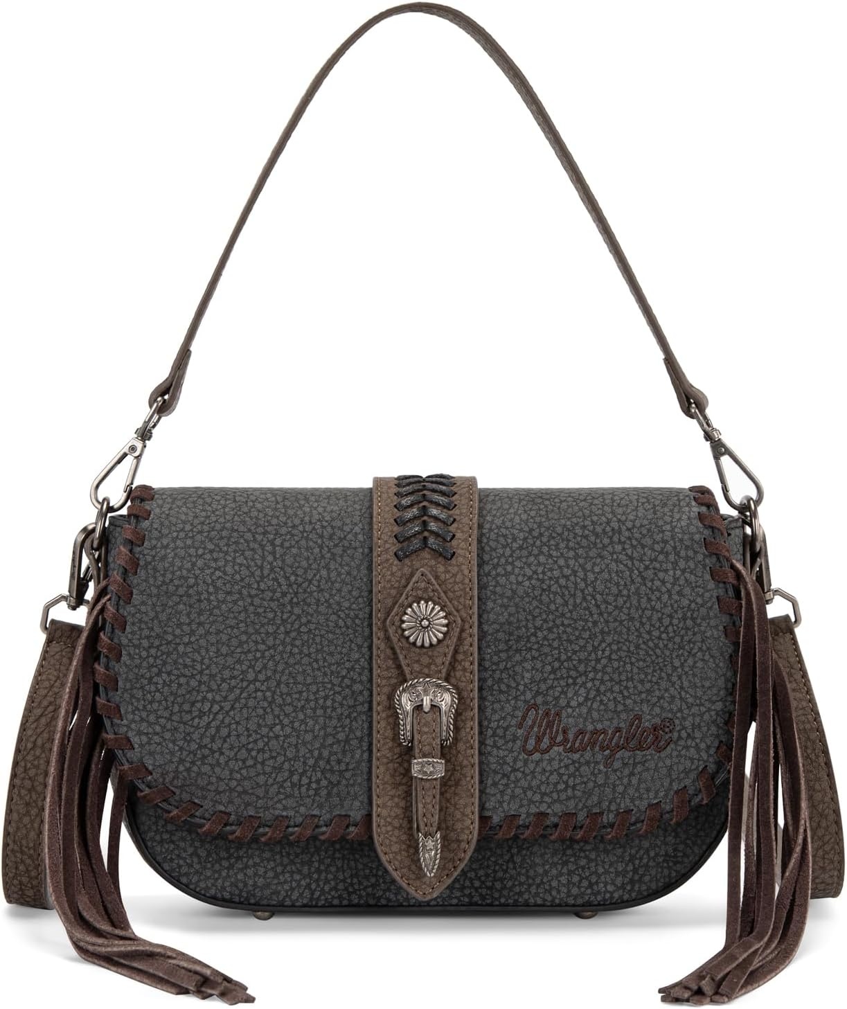 image:imageWrangler Western Shoulder Bag for Women Flap Crossbody Purse with Whipstitch Detail amp FringeVintage Cowgirl HandbagAblack