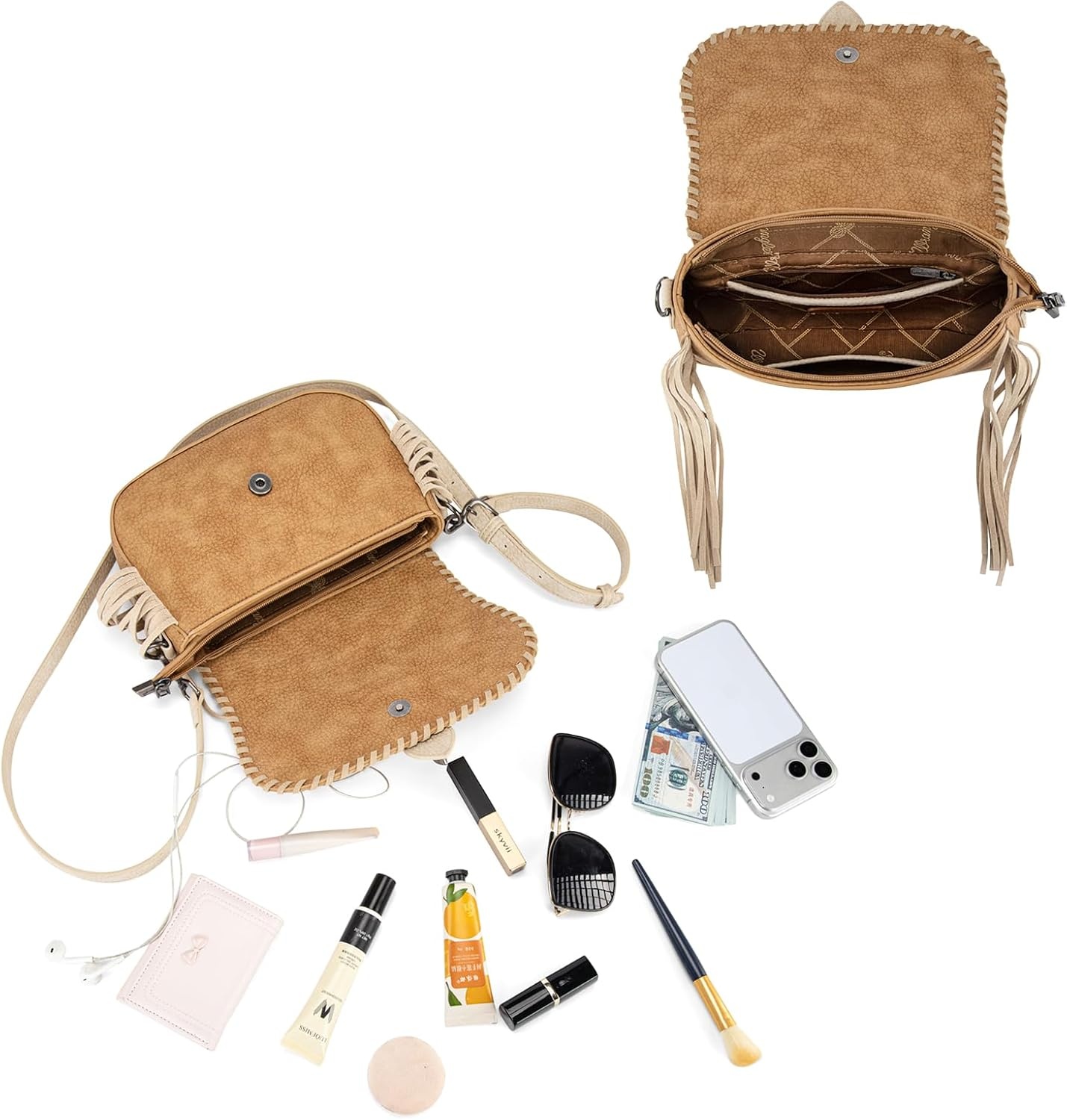 image:imageWrangler Western Shoulder Bag for Women Flap Crossbody Purse with Whipstitch Detail amp FringeVintage Cowgirl HandbagAbrown