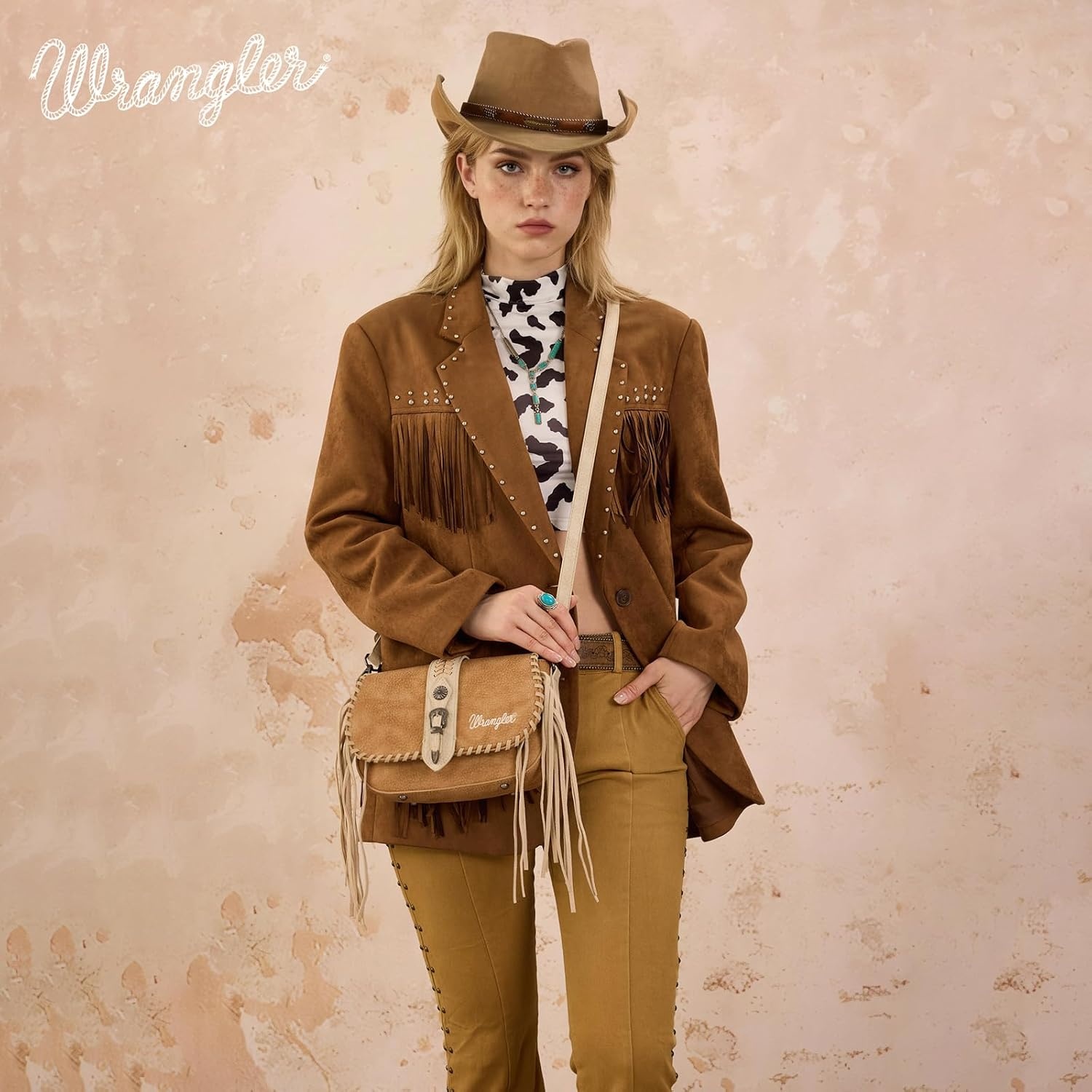image:imageWrangler Western Shoulder Bag for Women Flap Crossbody Purse with Whipstitch Detail amp FringeVintage Cowgirl HandbagAbrown
