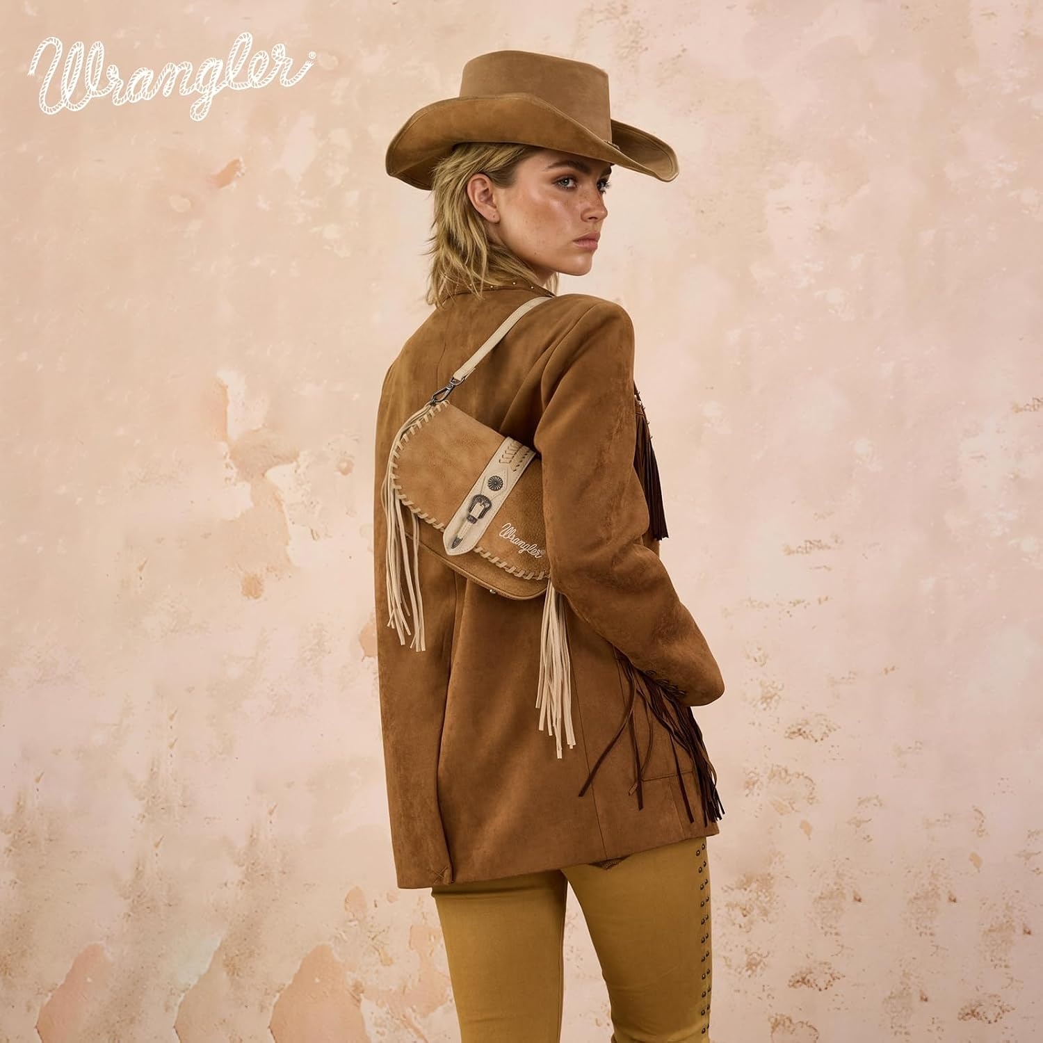 image:imageWrangler Western Shoulder Bag for Women Flap Crossbody Purse with Whipstitch Detail amp FringeVintage Cowgirl HandbagAbrown