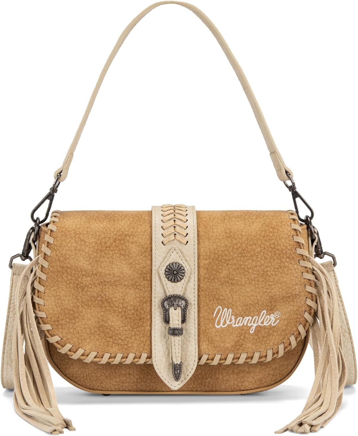 image:imageWrangler Western Shoulder Bag for Women Flap Crossbody Purse with Whipstitch Detail amp FringeVintage Cowgirl HandbagAbrown