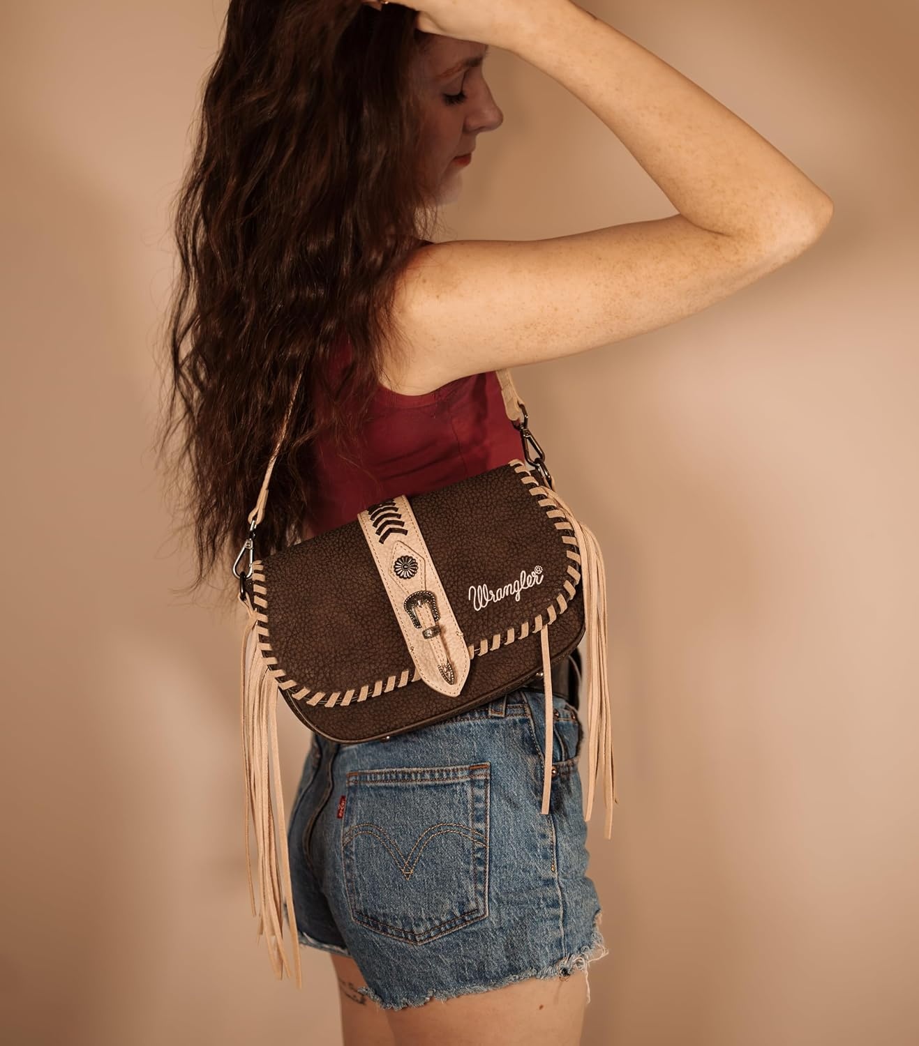 image:imageWrangler Western Shoulder Bag for Women Flap Crossbody Purse with Whipstitch Detail amp FringeVintage Cowgirl HandbagAcoffee