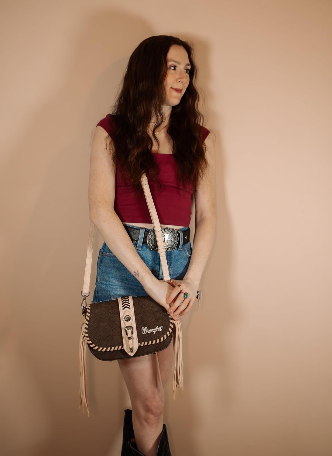 image:imageWrangler Western Shoulder Bag for Women Flap Crossbody Purse with Whipstitch Detail amp FringeVintage Cowgirl HandbagAcoffee