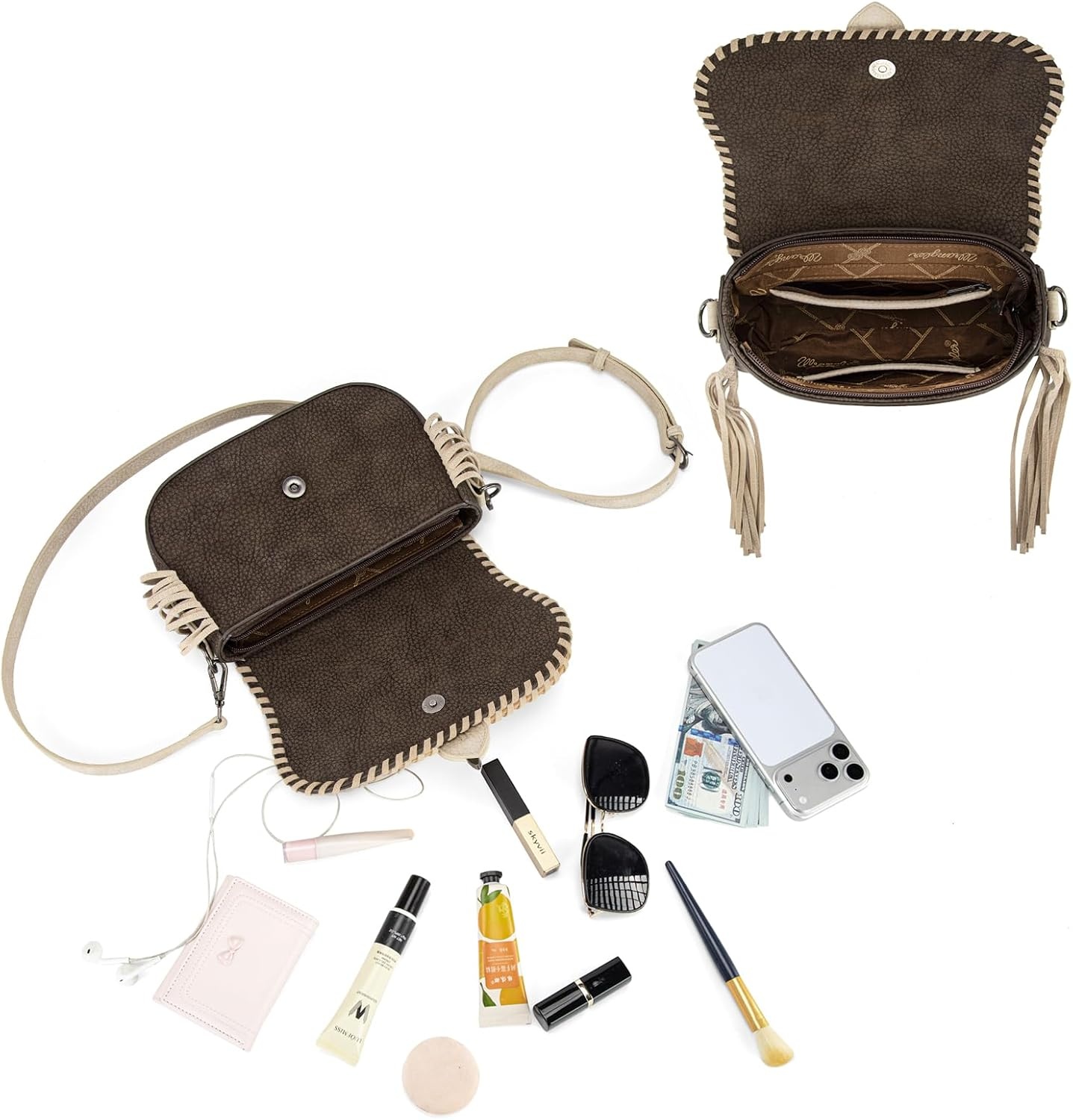 image:imageWrangler Western Shoulder Bag for Women Flap Crossbody Purse with Whipstitch Detail amp FringeVintage Cowgirl HandbagAcoffee