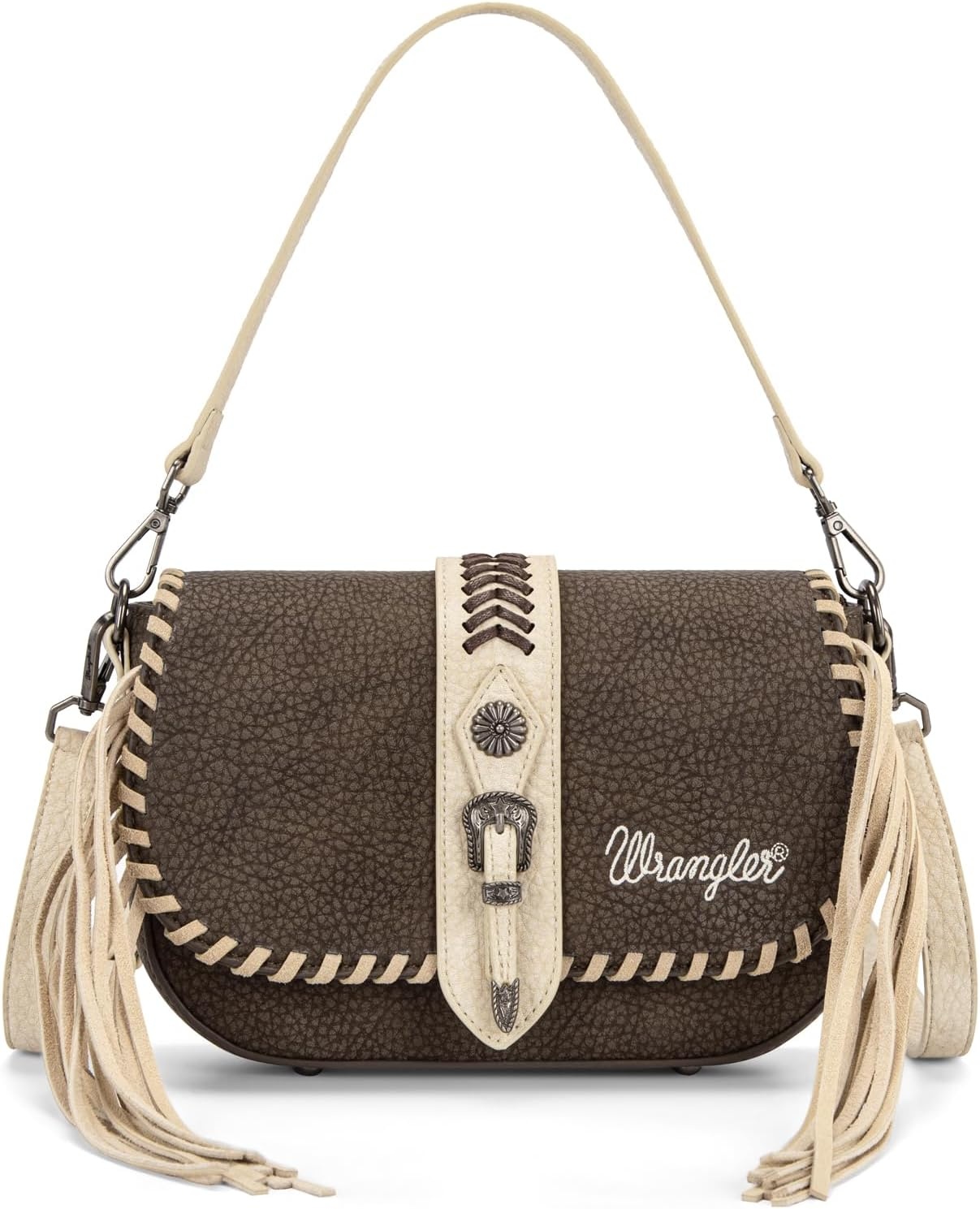 image:imageWrangler Western Shoulder Bag for Women Flap Crossbody Purse with Whipstitch Detail amp FringeVintage Cowgirl HandbagAcoffee